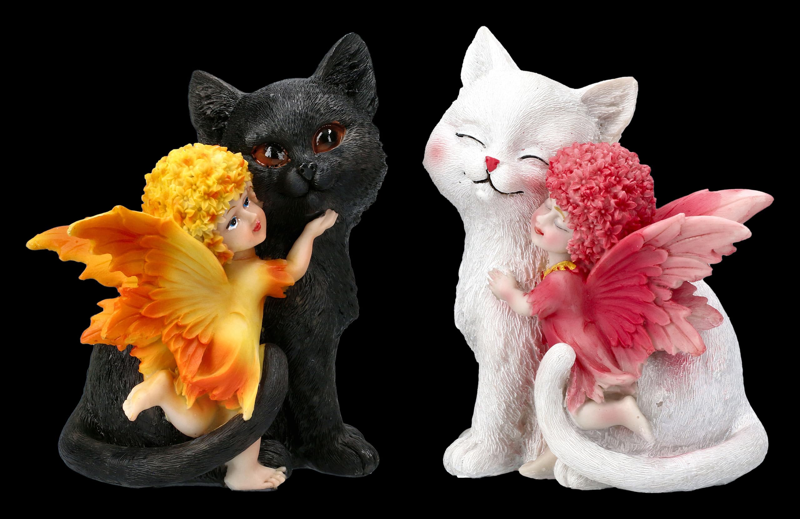 Figuren Shop Figuras de hadas y gatos de flores, juego de 2 unidades, 14 cm, poliresina pintada a mano, gato blanco con elfo rosa, gato negro con hada naranja