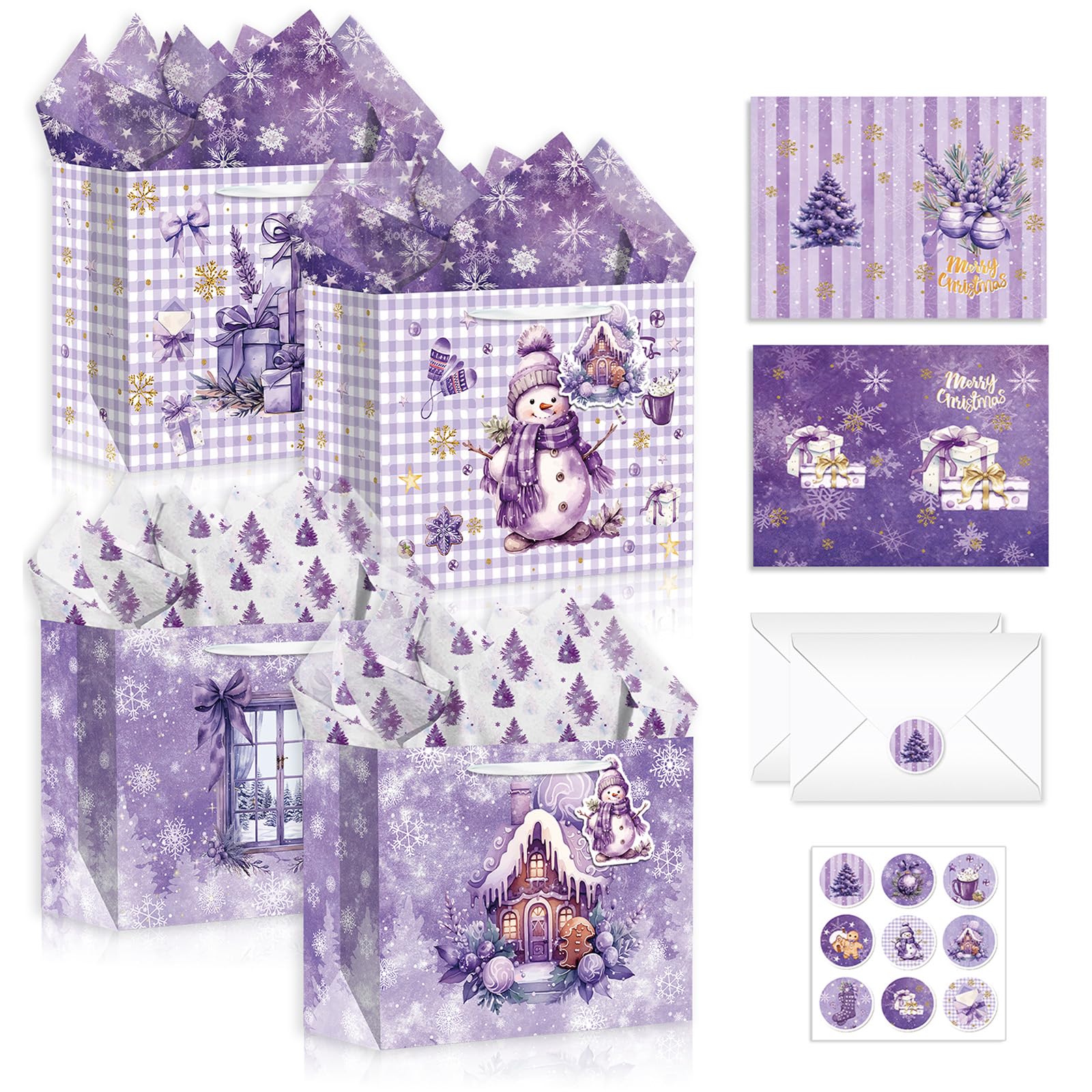 MORAINJAY 4 Stück Weihnachtstüten Groß 33x26x12cm, Geschenktüten Weihnachten Lila mit Griffen, 8 Seidenpapier, 4 Grußkarten, 4 Umschläge, 4 Aufkleber, Geschenkverpackung für Feiertage