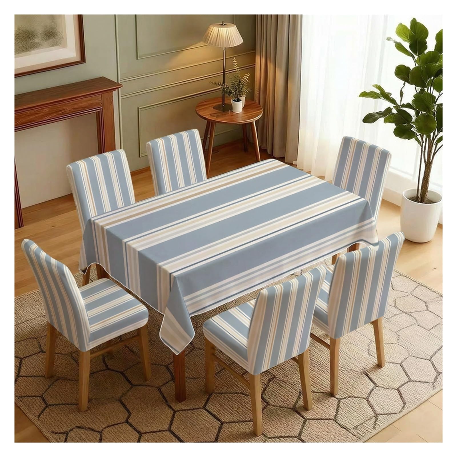Coastal Light Blue Beige Vertical Stripe Dining Chair Covers & Tablecloth Set, 5/7 Piece Neutral Nautical Slipcovers For Beach Cottage Home Decor Table Setting(7pcs Set: Tablecloth+Chair Covers)