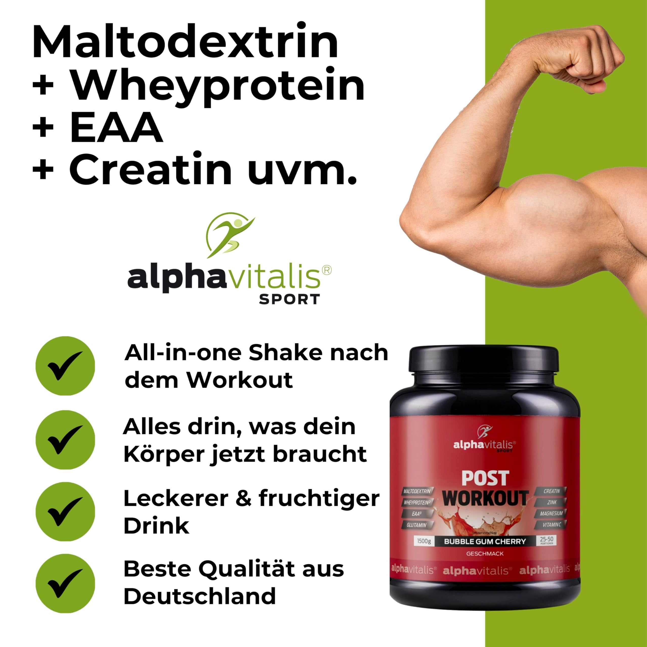 POST WORKOUT Shake - 1500g Kirsche - mit Maltodextrin - Whey Protein Pulver - EAA (essentielle Aminosäuren), Creatin Monohydrat, L-Glutamin, Magnesium uvm. - Sportgetränk - Made by alphavitalis