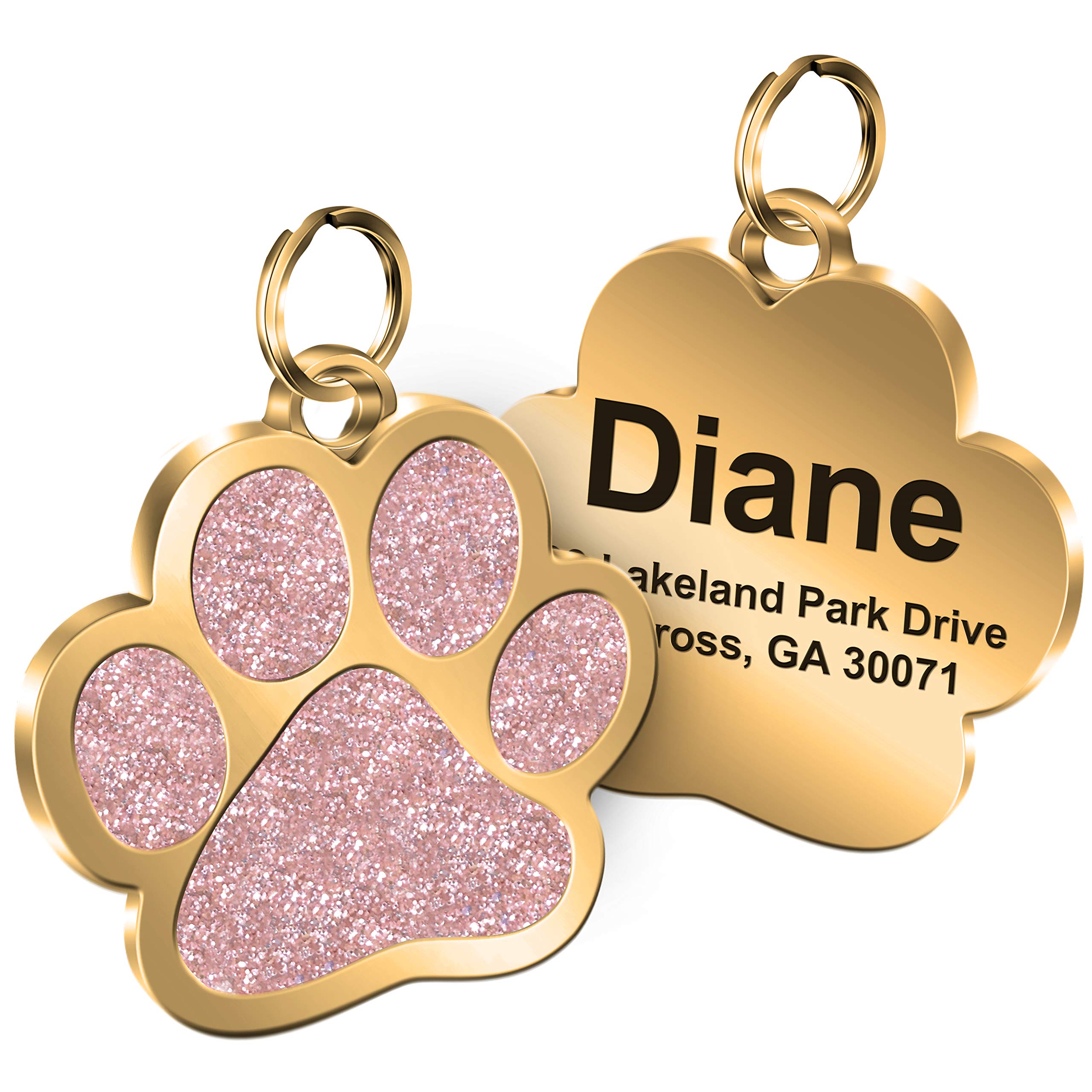 TedYoho Personalized Engrave Pet ID Tags Paw Shape Custom Glitter Pet Supplies Engrave Name Number Elegant Plated Unique Gift for Cats Little Dogs (Pink)