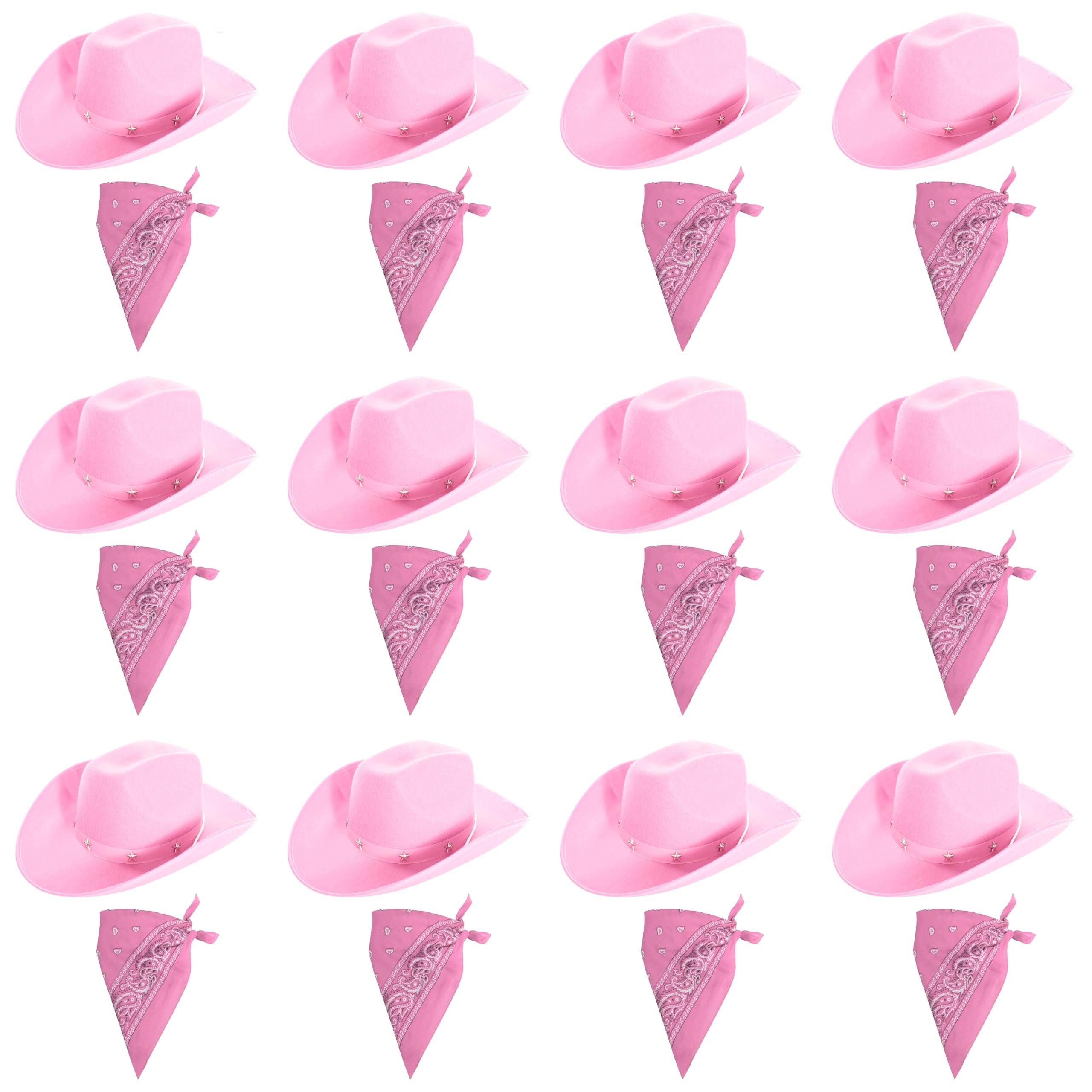 Adults Pink Cowboy Accessory Set - Pack of 12 - Pink Star-Studded Cowboy Hat + Matching Paisley Bandana - Ladies Hen Night Cowgirl Western Fancy Dress Costume Accessory Set