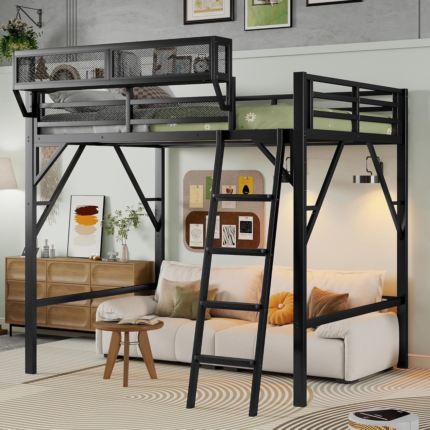 Full Size Loft Bed with Storage Shelf, Metal Loft Bed Frame with Wide Ladder and Large Under-Bed Space, Heavy-Duty Tall Lofts Beds for Adults Teens and Kids, Black