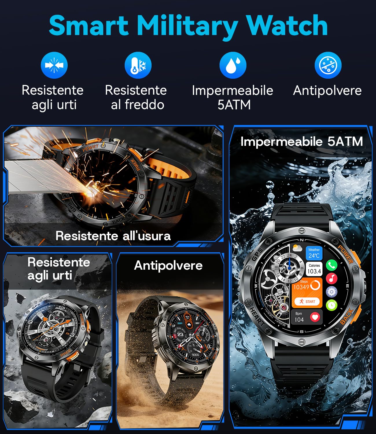 LIGE Smartwatch Uomo GPS, Barometro/Altimetro/Bussola, AMOLED 1,43" Smart Watch Militare con Torcia LED, Chiamate Bluetooth, 170+ Modalità Sport, 5ATM, Monitoraggio Salute per Android iOS,DM1-I