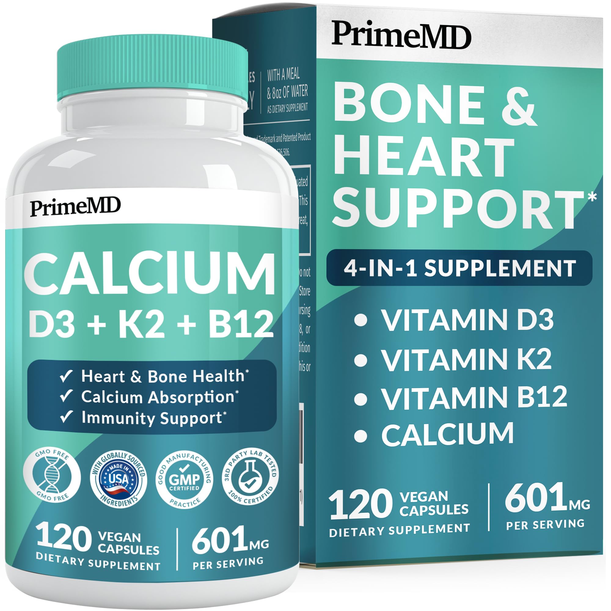 PrimeMD 4-in-1 Calcium 600 mg with Vitamin D3 5000 IU K2 + B12 - Bone Strength Supplement - Heart & Bone Health Complex - Calcium Supplement for Women & Men, Vegan Vitamin D3 K2 & B12 (120 Capsules)