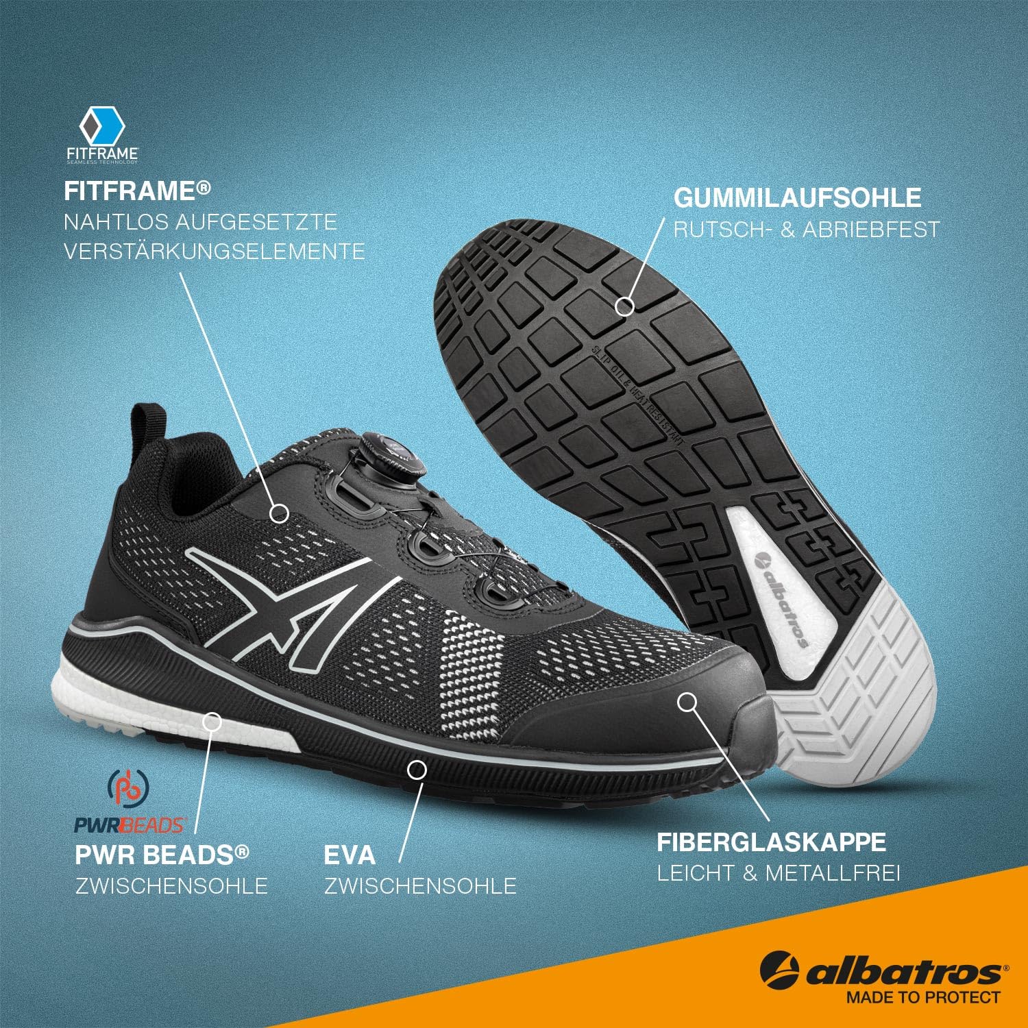 ALBATROS Voltage Black QL Low buty robocze, buty ochronne, S1P ESD HRO SRC, czapka z włókna szklanego, oddychająca, antypoślizgowa, bez metalu, dla mężczyzn, czarny, 47 EU