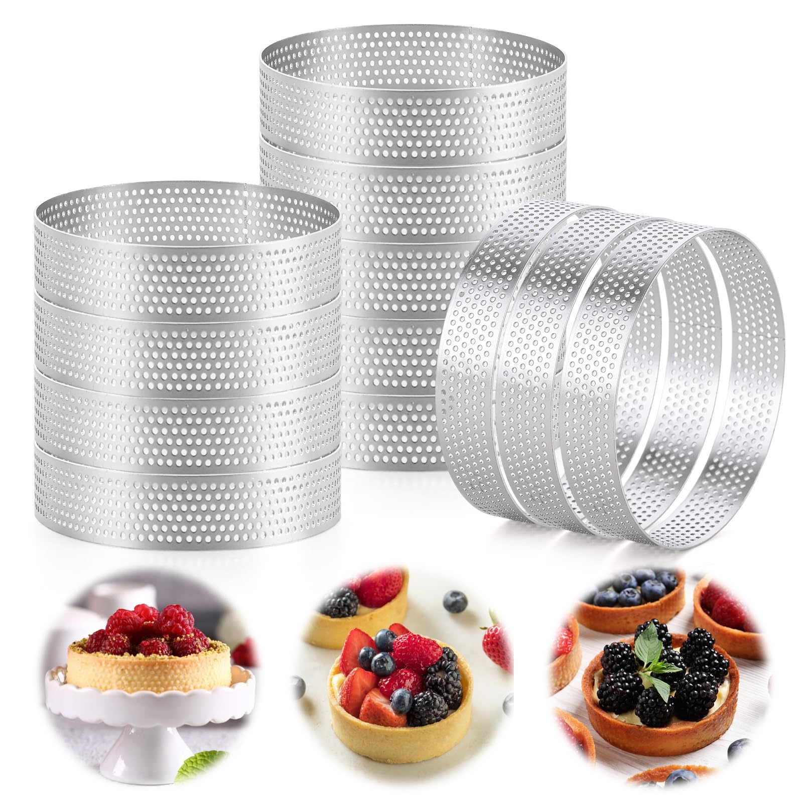 Aramanara 12 Pcs 9 cm Perforated Tart Rings, Stainless Steel Crumpet Rings, Non-Stick Pastry Ring, Heat-Resistant Cooking Ring, Metal Baking Muffin Rings, Round Cookie Rings for Mini Cakes Pizzas