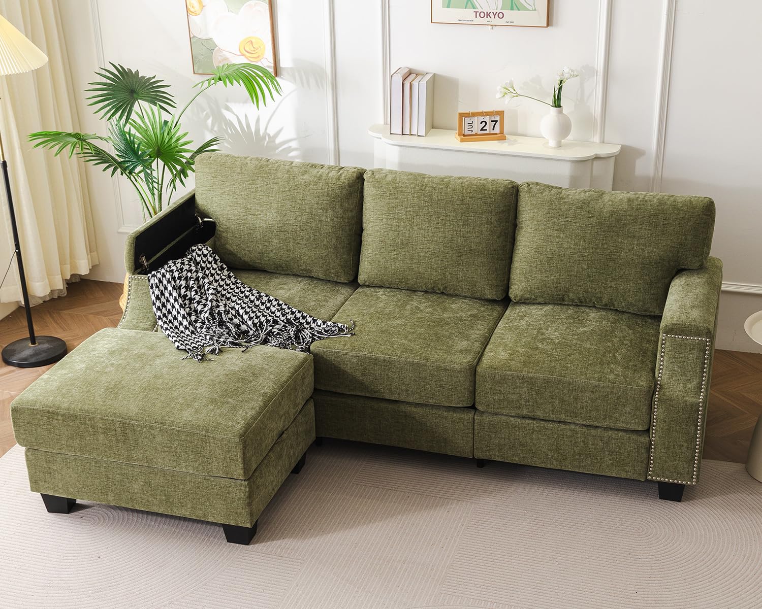 85 Sectional Sofa Couch with Storage Ottoman L Shaped Couch with Armrest Organizer 3-Seater Sofa Small Modular Couches