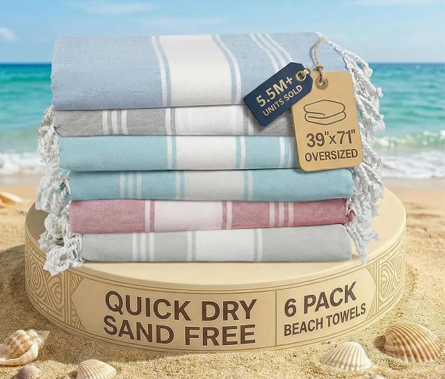 Lane Linen Turkish Towels Set of 6, Beach Towels Oversized, Pre-Washed Pool Towel, Extra Large Beach Towel, Sandproof Beach Towel, Absorbent Travel Towel, 39"x71" - Multi Colors