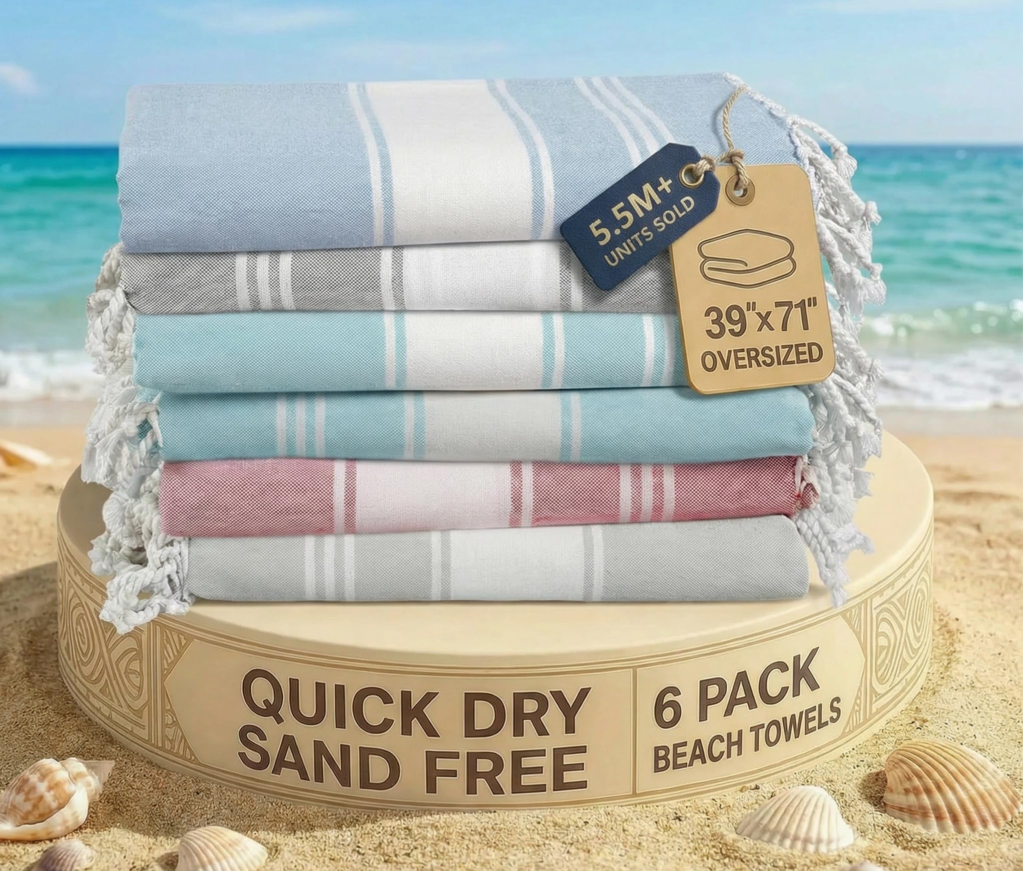 LANE LINEN Beach Towels 6 pack, Oversized Beach Towel, Lightweight Beach essentials for Women, Large Pool Towel, Absorbent & Quick Dry, Sand Free Beach Towel, 39"x71" - Nautical Color