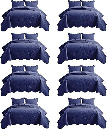 IR Imperial Rooms 8 Pack Quilt King Size Bedding (106" x 96") - Bulk Wholesale for Hotels, Guest Bedroom & Airbnbs - Lightweight Microfiber Reversible Floral Embossed Quilts Bedspreads (Navy)