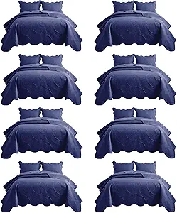 IR Imperial Rooms 8 Pack Quilt King Size Bedding (106" x 96") - Bulk Wholesale for Hotels, Guest Bedroom & Airbnbs - Lightweight Microfiber Reversible Floral Embossed Quilts Bedspreads (Navy)