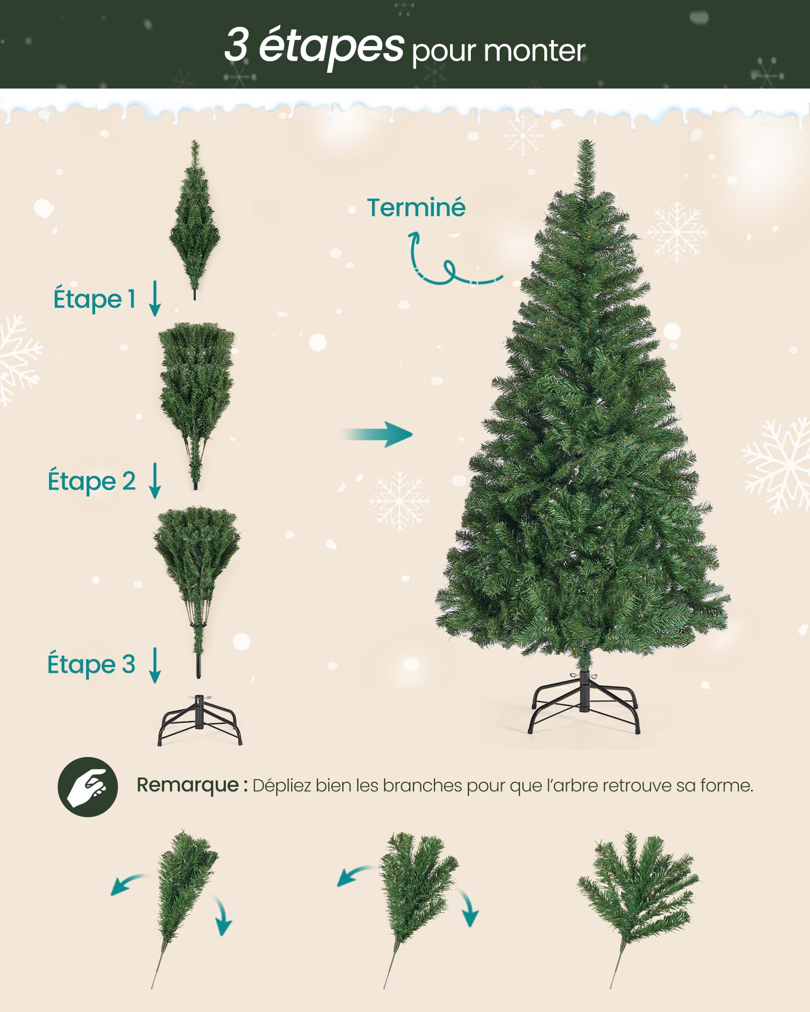 SONGMICS Sapin de Noël Artificiel, Sapin de 180 cm, Branches en PVC, avec Support en Métal, Montage Rapide, Vert LAT002CZ01