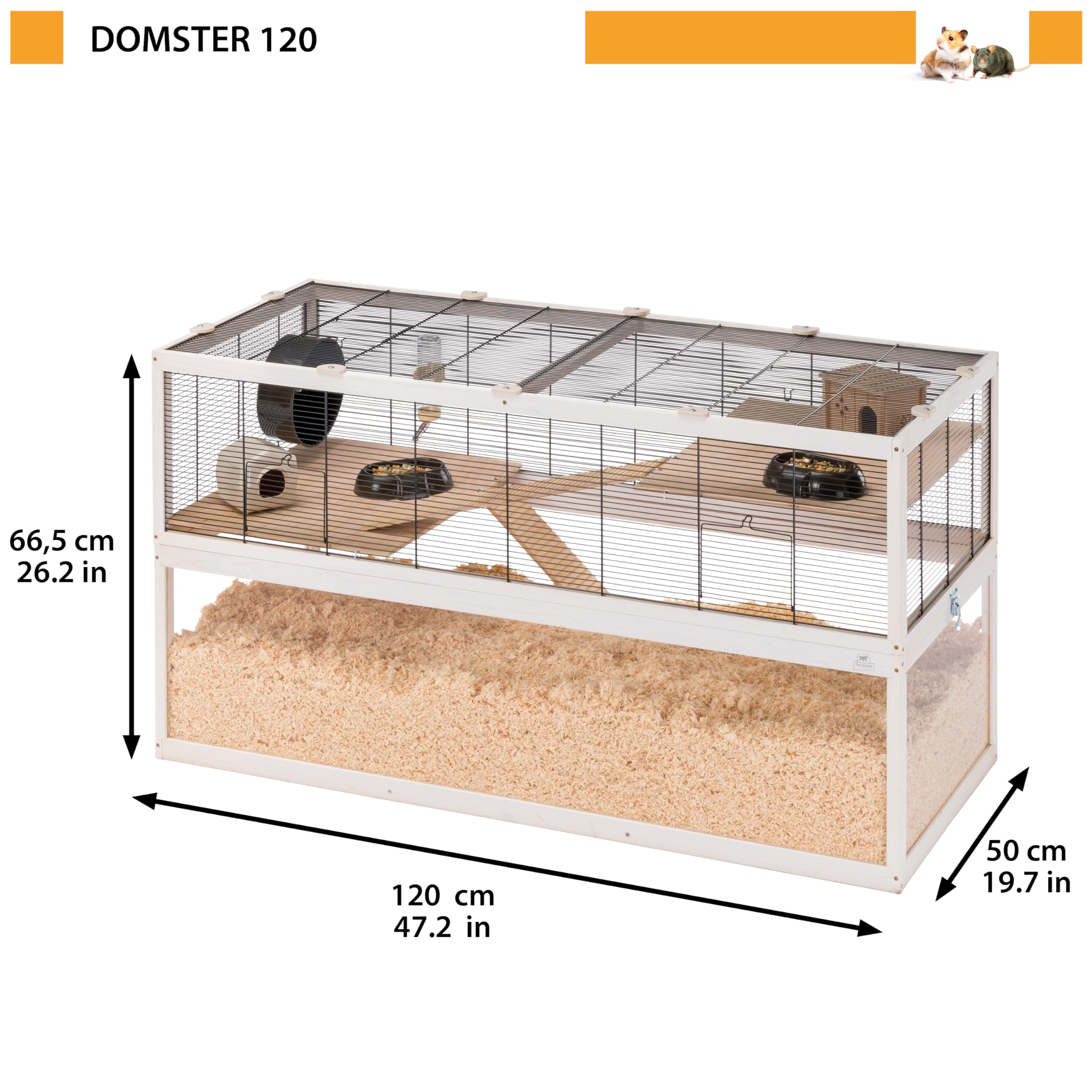 Ferplast Klatka dla chomika DOMSTER, klatka pod mysz, 3 poziomy, z akcesoriami, platformami i drabinami, malowany metal i drewno FSC, przezroczysta podstawa, drewniana klatka dla chomika 120 x 50 x