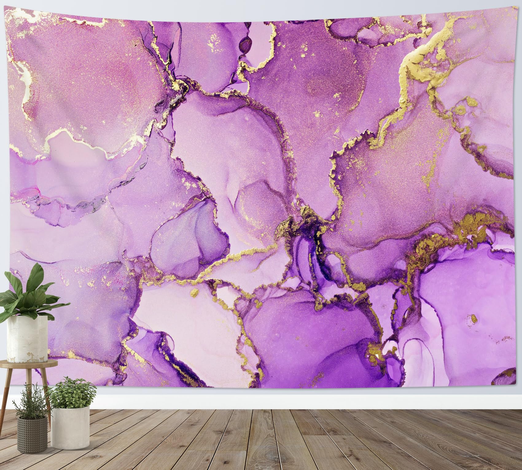 HVEST Purple and Gold Marble Abstract Tapestry for Bedroom, Living Room, Dorm - Modern Minimalist Wall Hanging Home Party Decor, 40L X 60W Inches