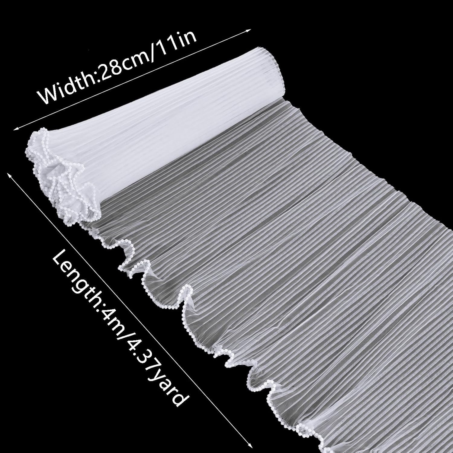 WhaleLink White Pearl Edge Bouquet Wrapping Paper – 4.37 Yards x 11" Polyester Mesh Flower Wrap with Beaded Trim for Wedding, Graduation, Birthday Gift – Soft Pleated Lace Sheet for Florist Crafts