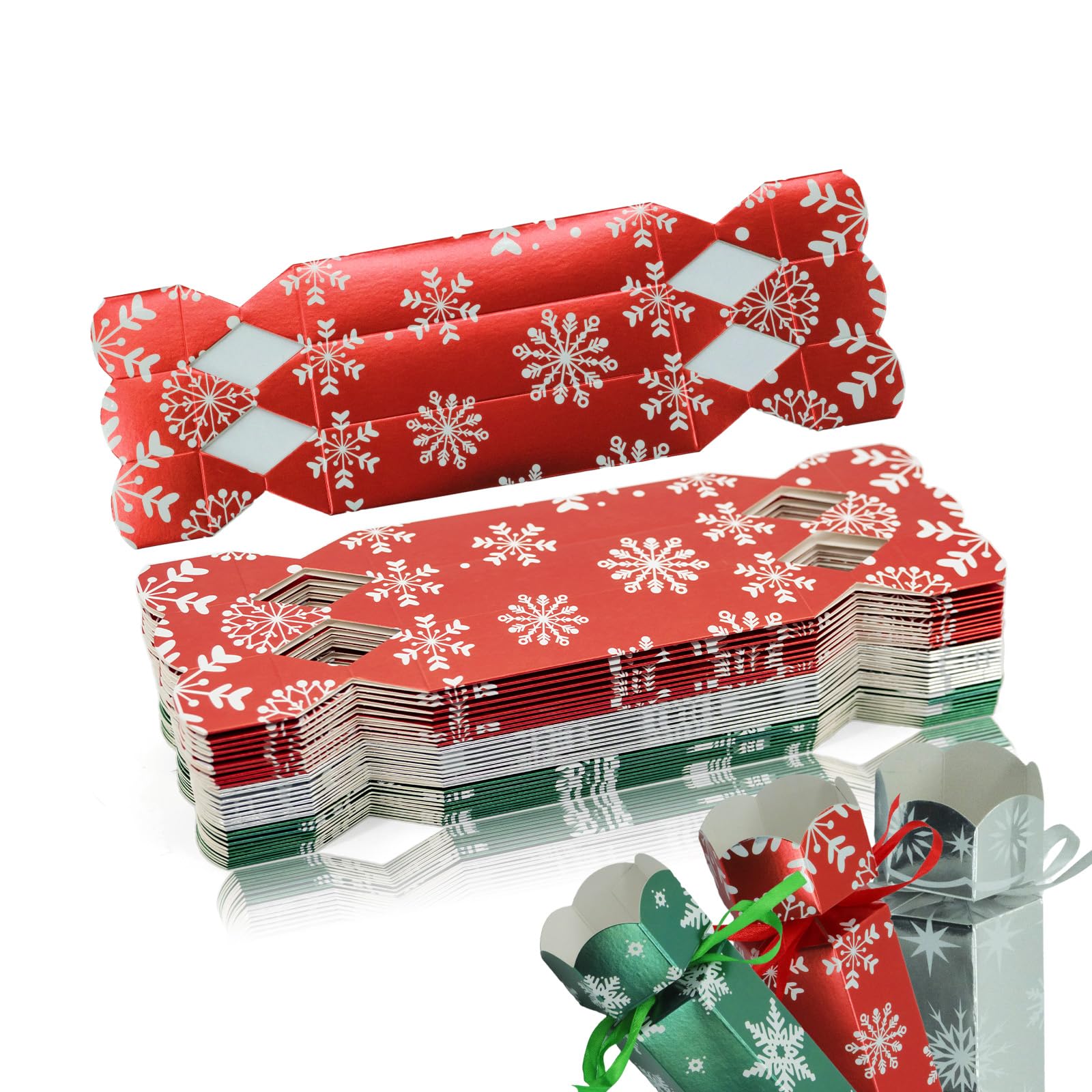 30 Packs Christmas Crackers,Metallic Red Green Silver DIY Party Crackers Bulk,Make Your Own ChristmasCrackers Kit,Christmas Cracker Candy Paper Boxes with Hats Joke Card for Xmax Family Crackers Gift