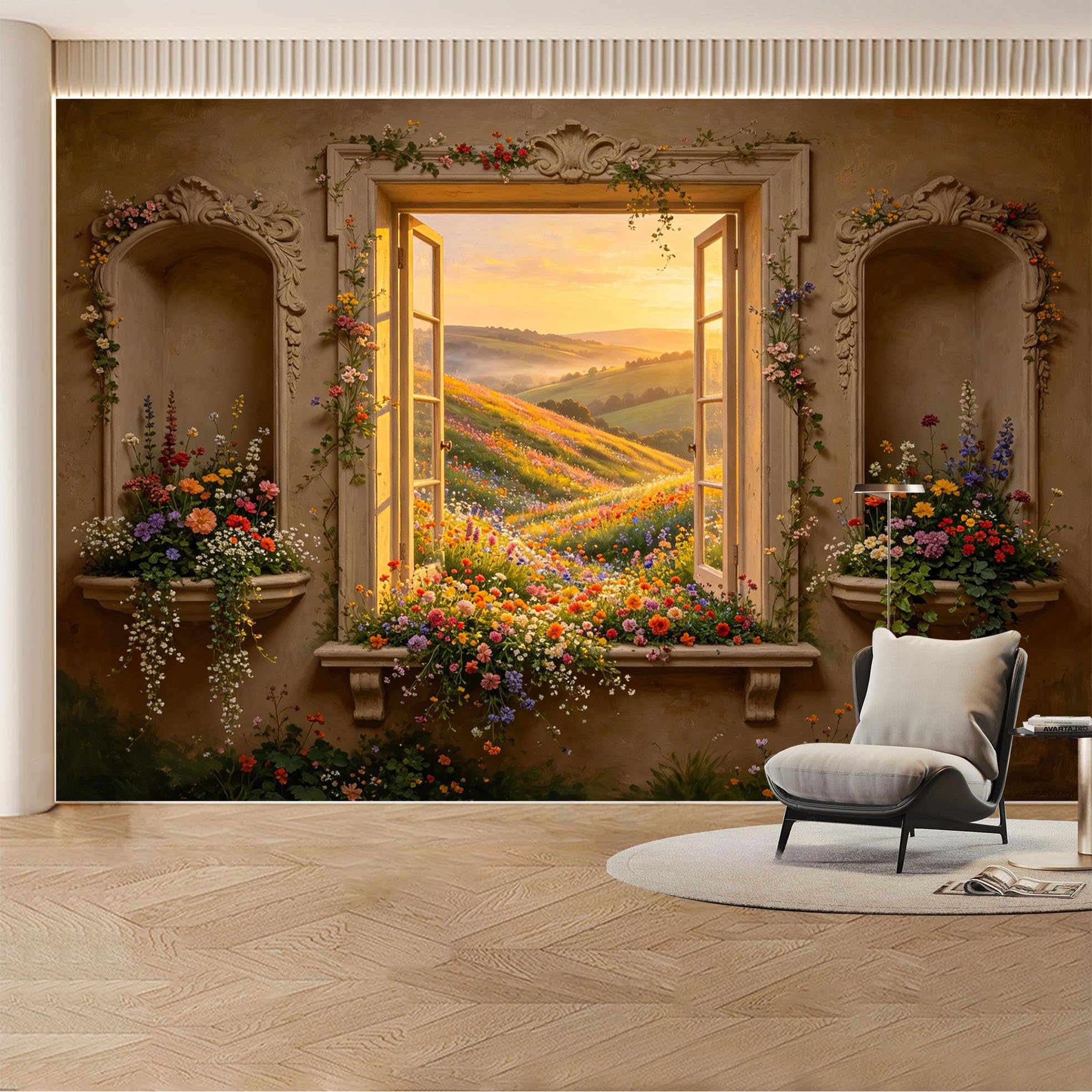 Custom Wall Mural Wallpaper Winter Forest River Landscape Nature 3D Effect Wall Decor Large Wall Art Misty Nordic Sunset Removable SelfAdhesive Large Photo for Living Room， Bedroom， Office