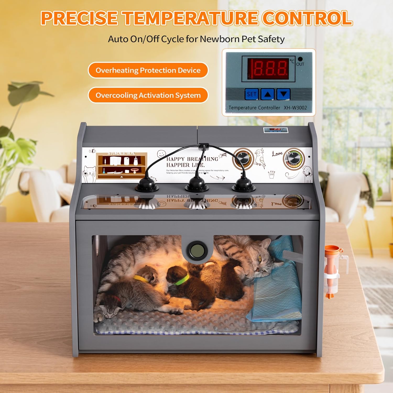 Puppy Incubator with Heating＆Fan, Incubator for Puppies and Kittens, Temperature Control with Thermostat, Built-in Storage Compartment, Quiet Ventilation, Humidity Monitor, Wooden Brooder Box (115L)