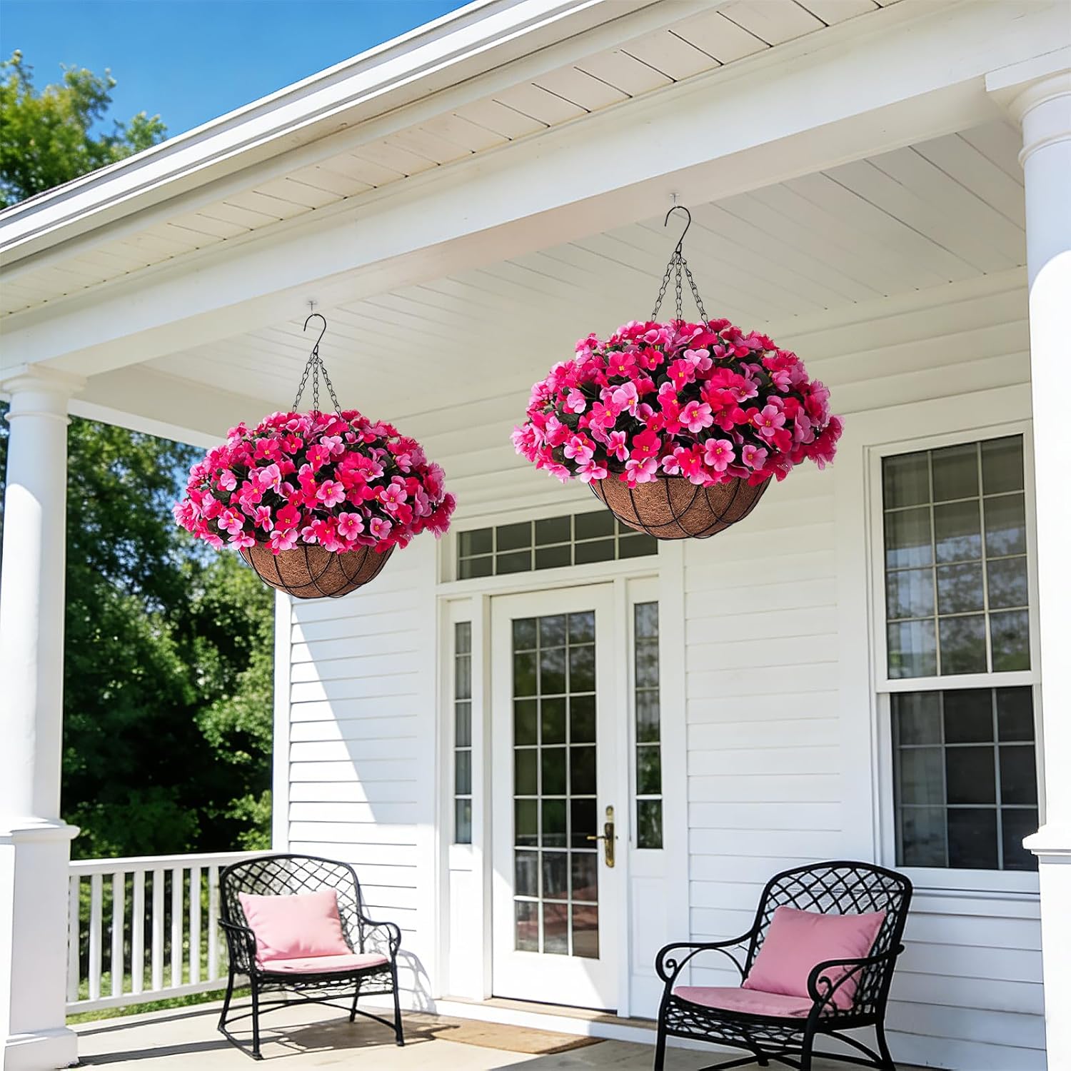 Artificial Hanging Flowers with Basket for Outdoor, Fake Hydrangea UV Resistant Arrangements in Pot Indoor Porch Garden Yard Spring Summer Decor(Double Rose)