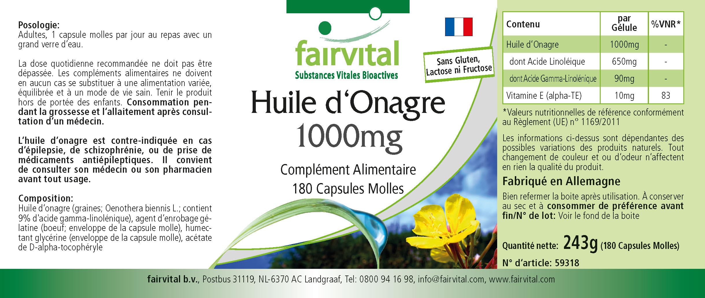 fairvital Huile d'onagre 1000mg, 180 gélules molles, acides gras oméga-6, 65% d'acide linoléique et 9% d'acide gamma-linolénique, pour 6 mois, qualité contrôlée et hautement dosé