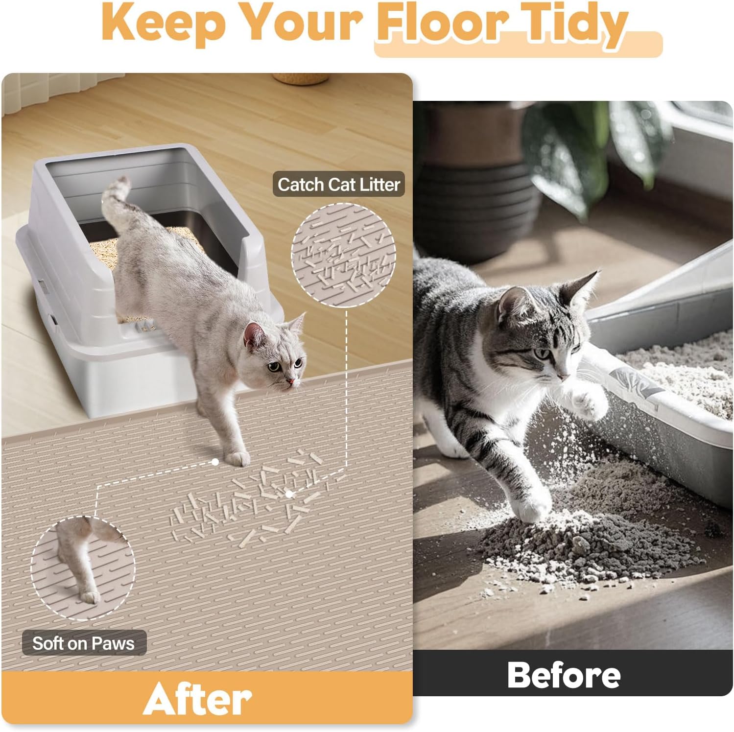 40"x28" Cat Litter Mat Lanstics Cat Mat for Litter Box Large Silicone Litter Box Mat for Kitty Scatter Control Floor Protect (Khaki)