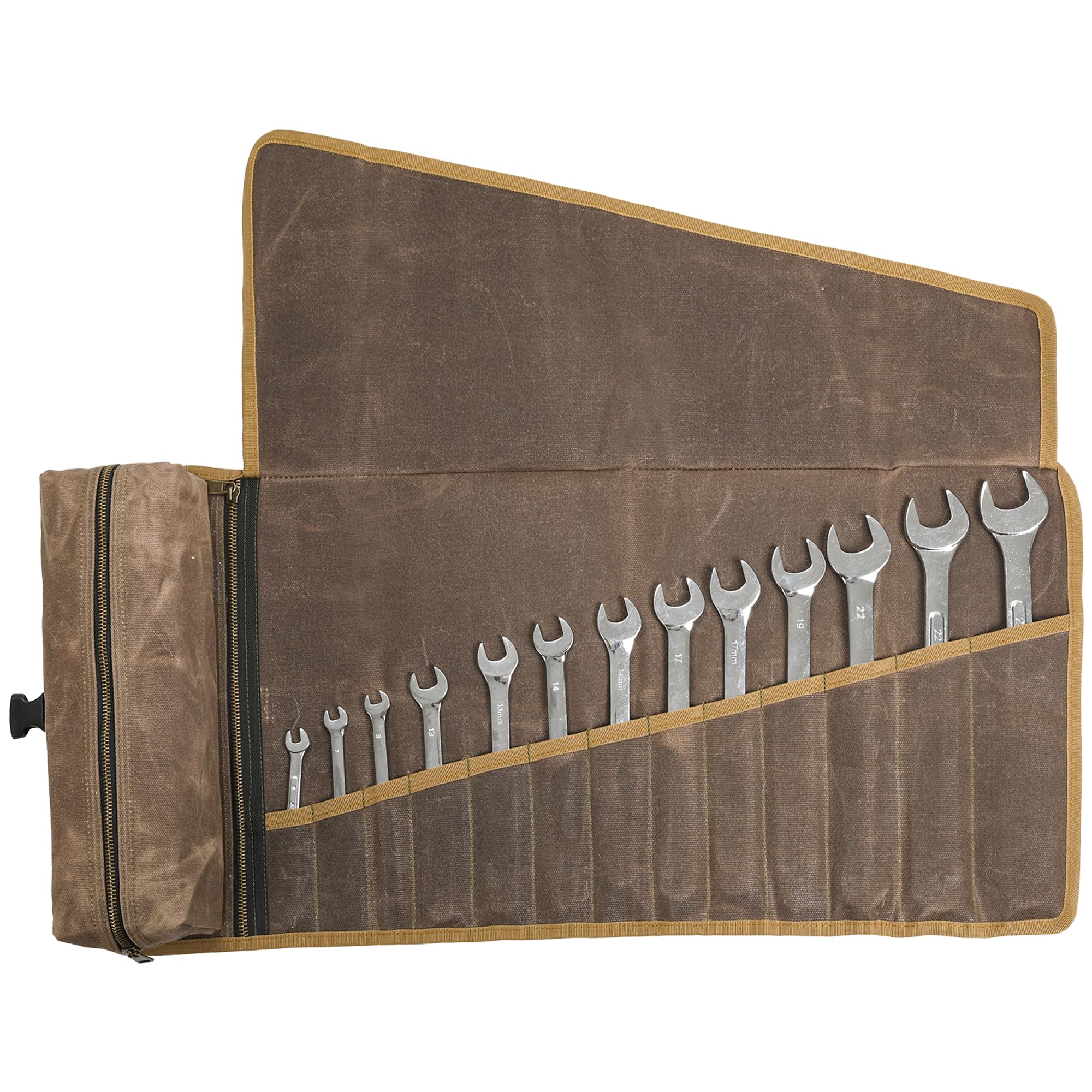 Kaaltisy Canvas Wrench Roll, 16OZ Waxed Canvas Tool Roll (Grey), Tool Storage Organizer with Wrenc Slots & 1 Zipper Pocket & 1 Detachable Tool Pouch -