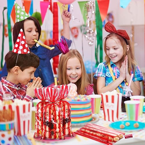 Miniatura 5 de 100 bolsas de plástico para fiestas de circo, carnaval, fiestas de dulces de celofán transparente con estampado de rayas rojas y blancas, bolsas de