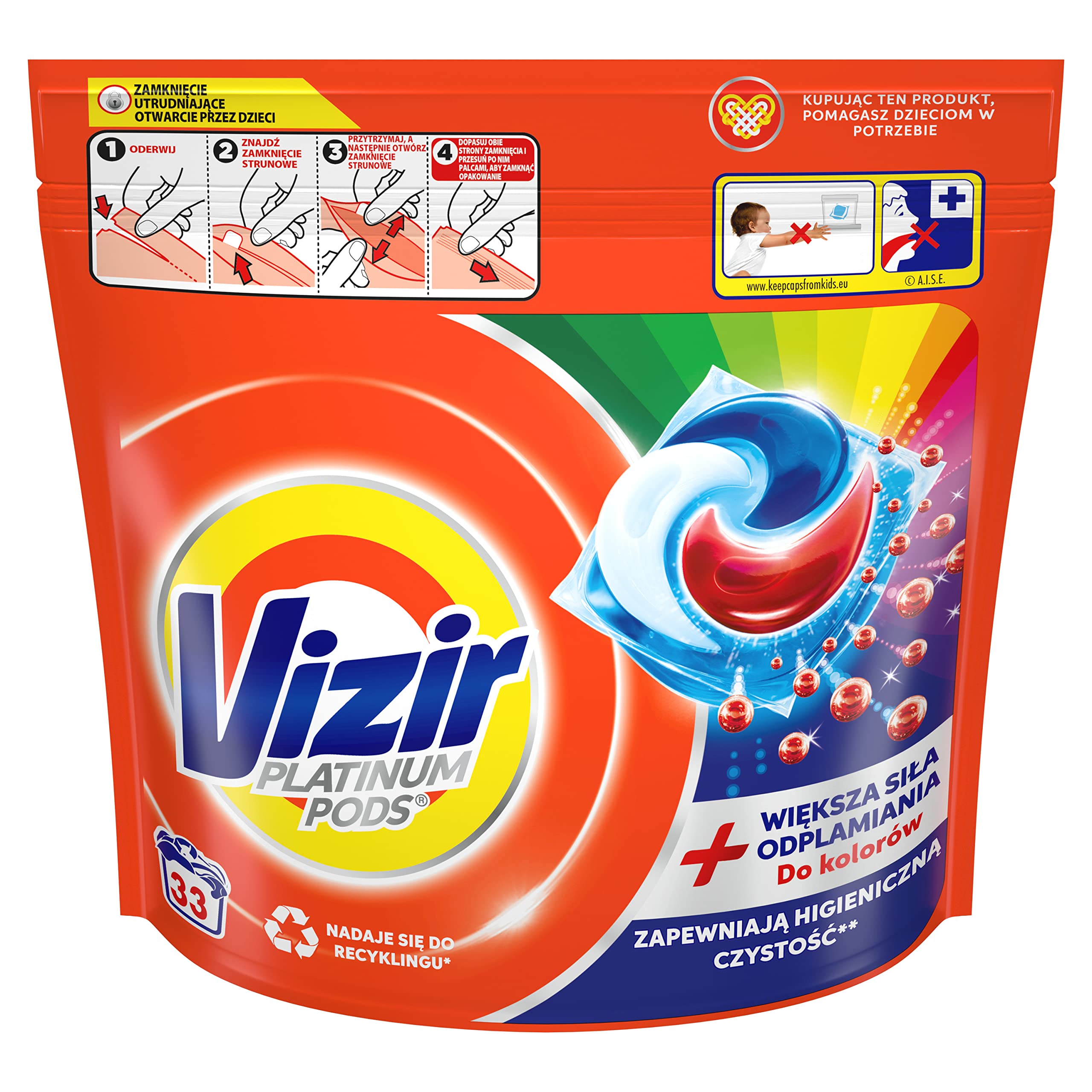 Vizir Platinum PODS Kapsułki do prania 33 prań, dodatkowa moc usuwania plam, Dodatkowa higiena dla kolorowych ubrań, skuteczne nawet w niskich temperaturach x3