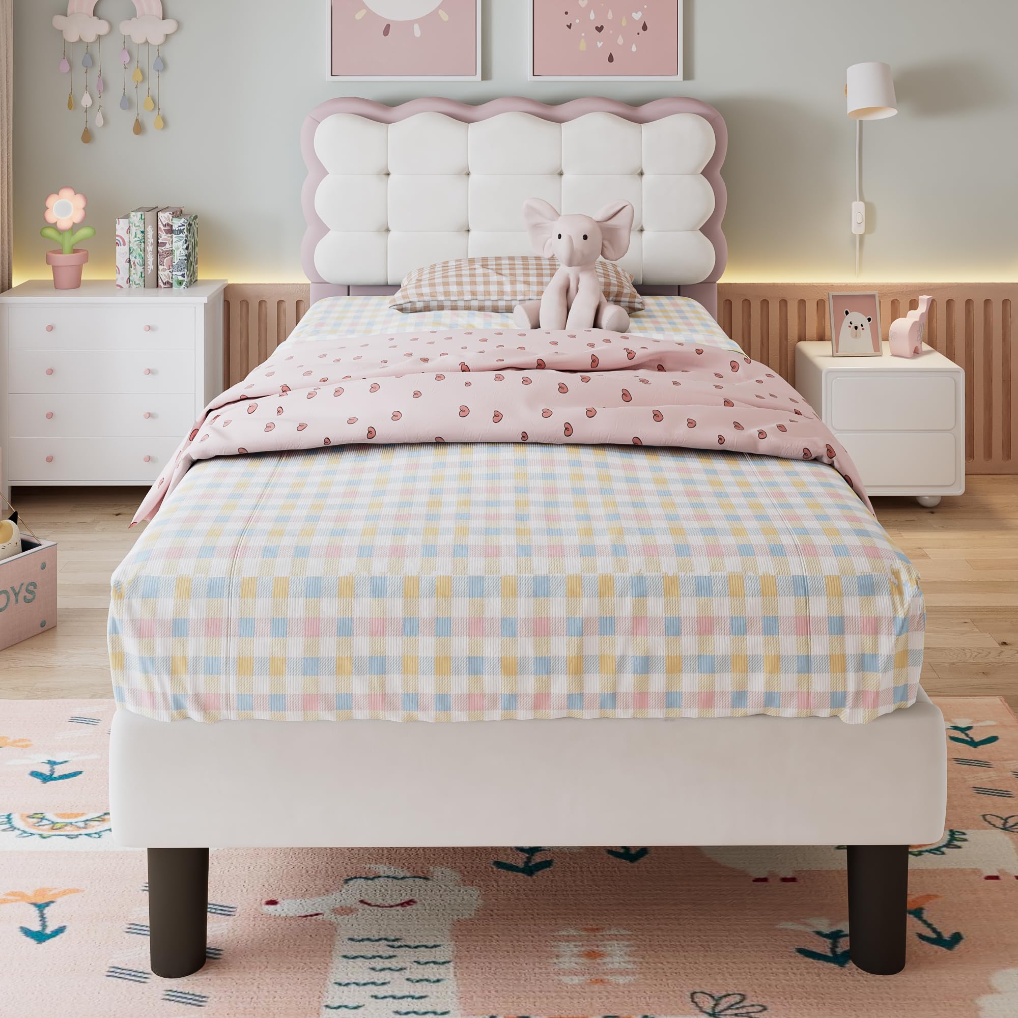 Upholstered Bed with Biscuit Shape Headboard, 3ft Single Bed Frame with Wooden Slats, Velvet Fabric Upholstered Platform Bed Youth Beds for Adults Kids Teenagers, No Mattress, Beige+Pink, 90×190 cm