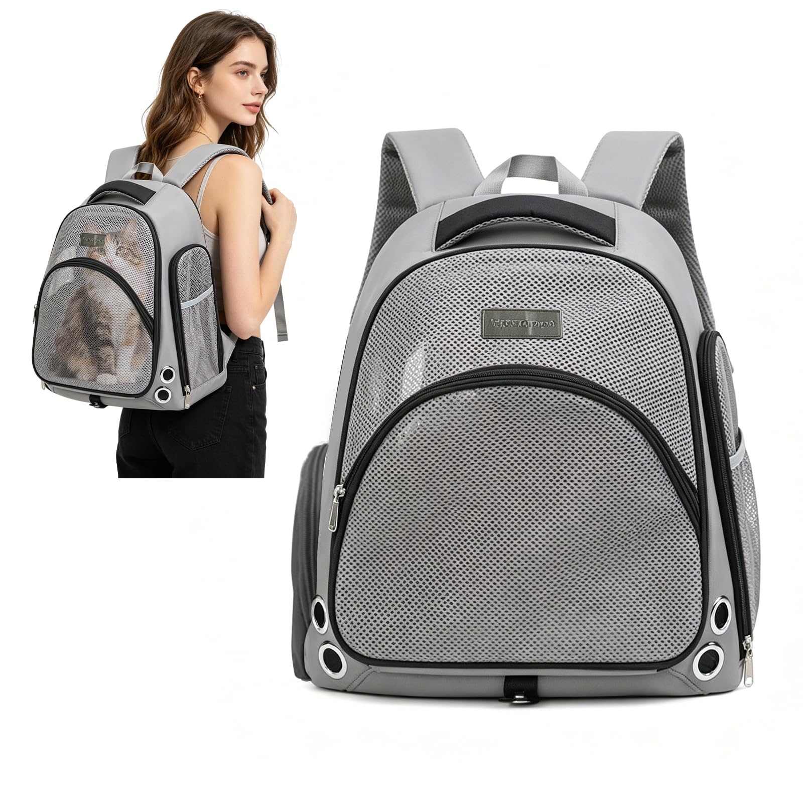 PETCUTE Mochila Transportadora para Perros Pequeños y Gatos de hasta 7 kg, Mochila para Gatos con Correa de Seguridad Integrada,Plegable y Transpirable Bolso para Mascotas,para Viaje Senderismo