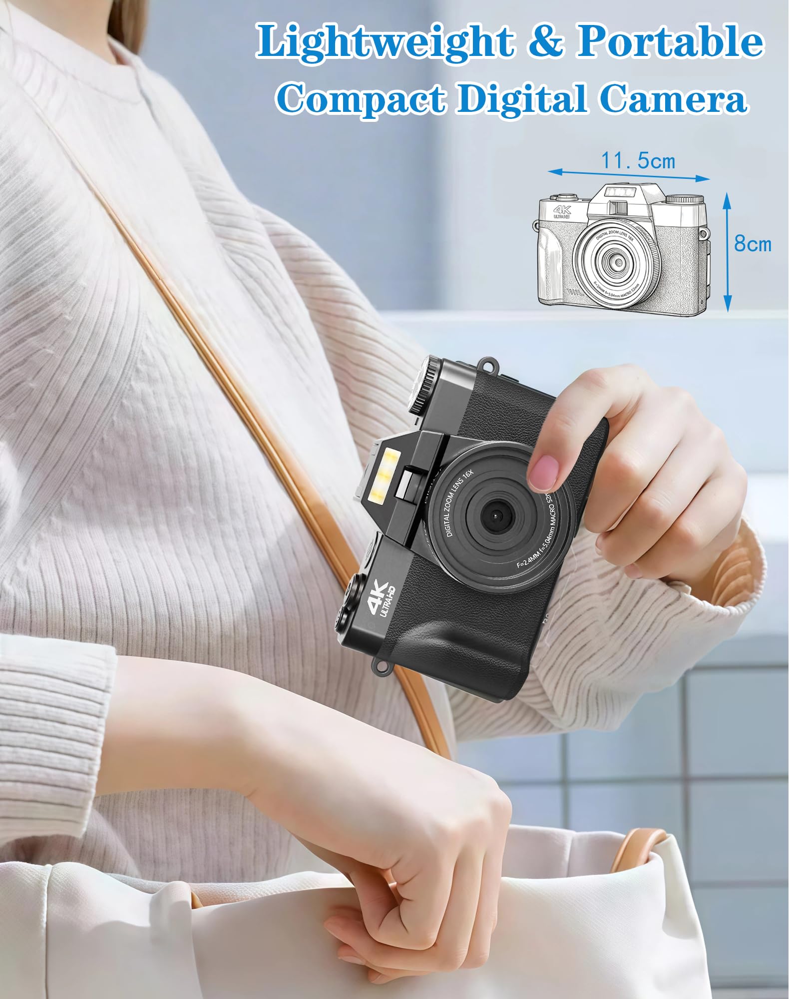 Cámara digital 4K, cámara de vlogging WiFi de 75 MP con pantalla abatible de 180°, enfoque automático, zoom de 18X, tarjeta de 32 GB, 2 baterías, cámaras digitales compactas de apuntar y disparar para