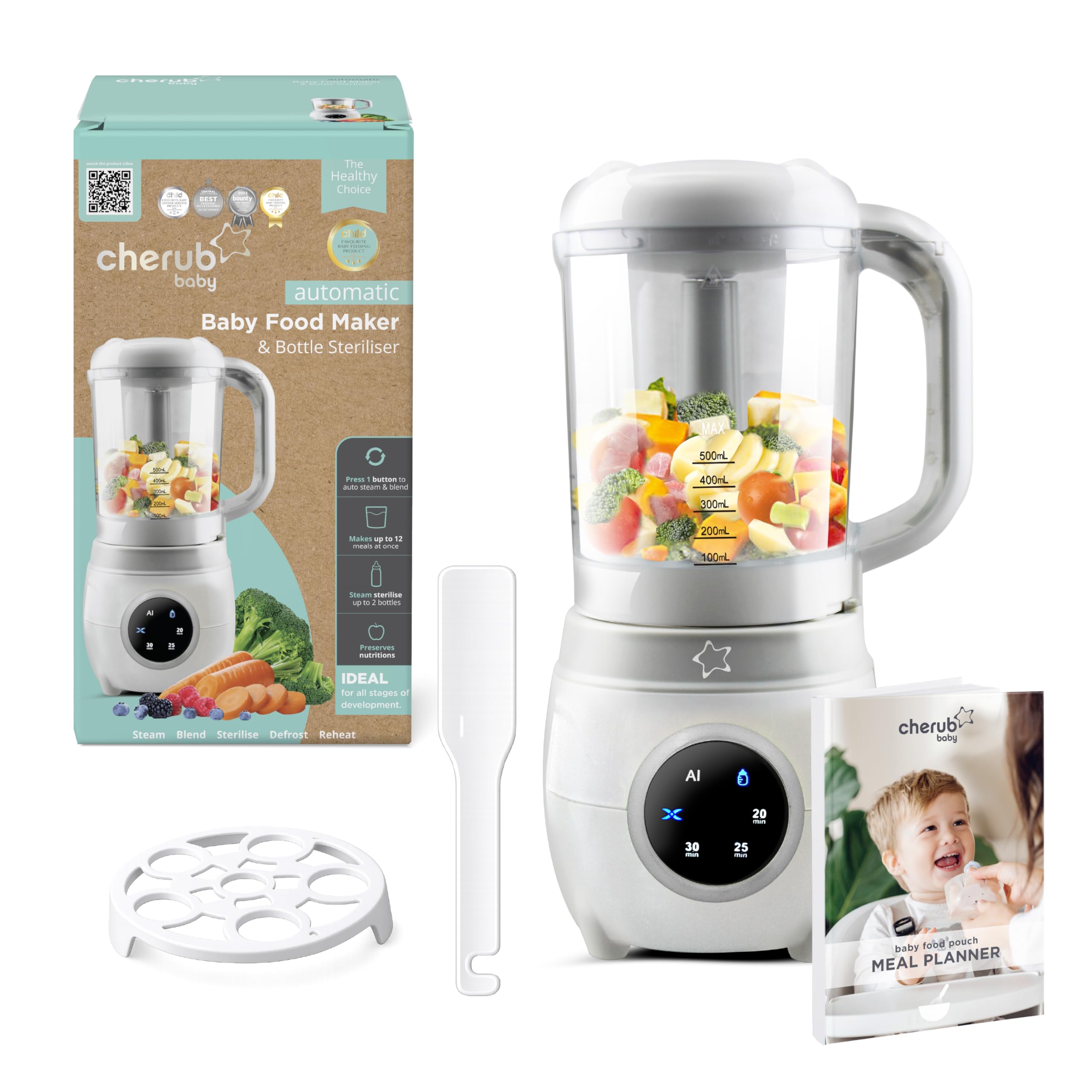Cherub Baby Automatic Baby Food Maker | 4-in-1 AI-Powered Blender, Steamer, Bottle Steriliser & Warmer | 12 Meal Capacity BPA-Free Tritan Baby Food Processor | Newborn Essentials
