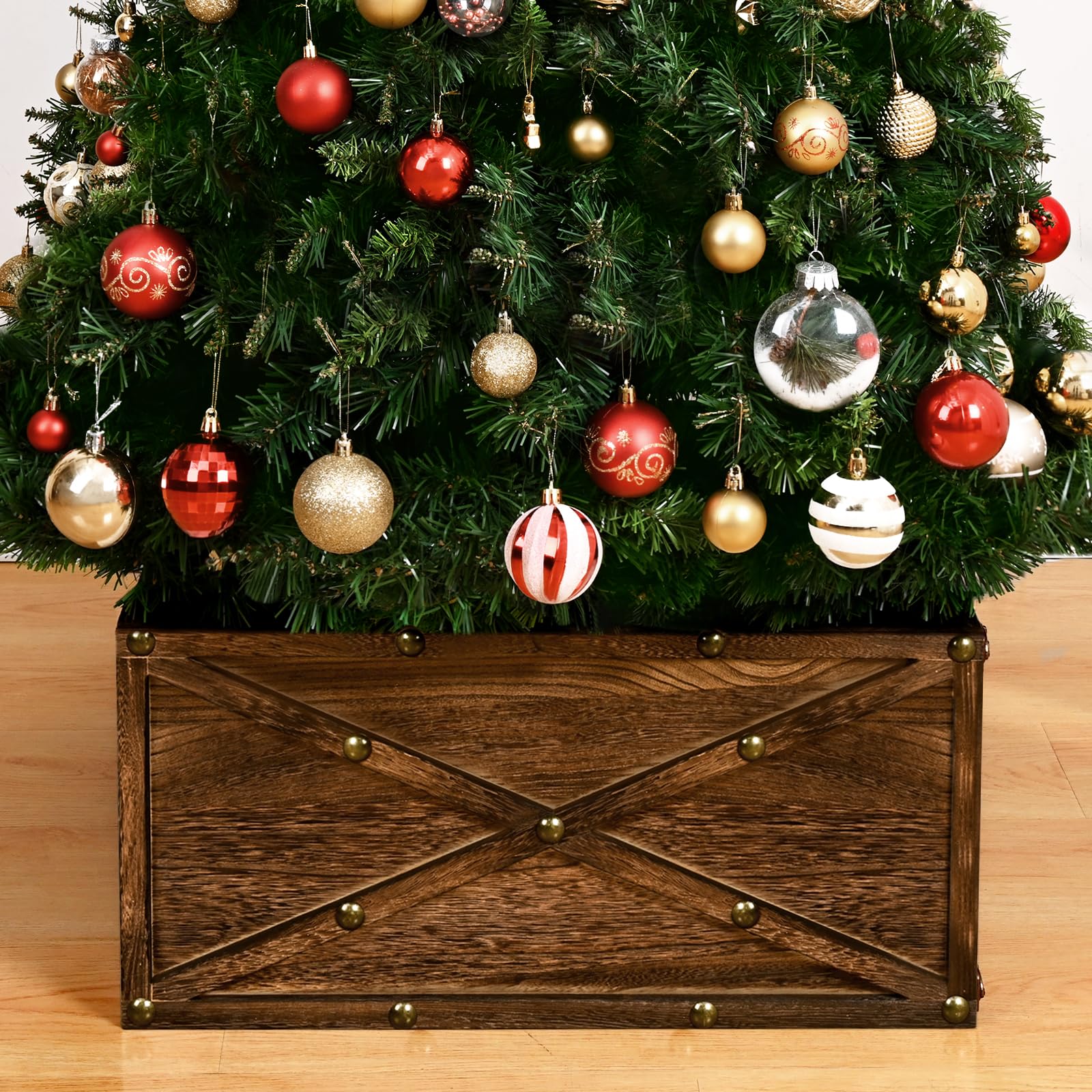 Invoibler Wooden Christmas Tree Collar, 22" L Square Natural Vintage Wood Tree Stand Base Cover with Rivet X-Pattern, Rustic Farmhouse Tree Skirt Box for Home Party Xmas Tree Decor,Burned