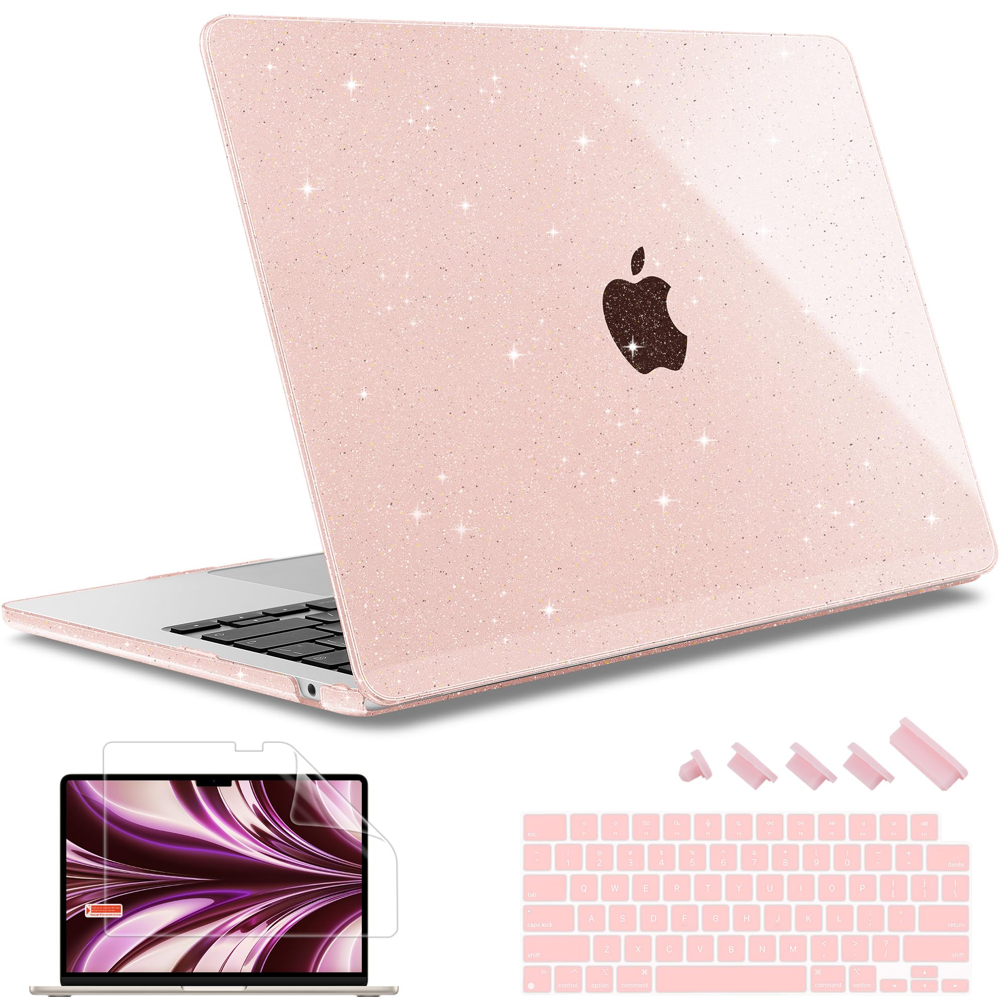 May Chen Compatible with M3 MacBook Air 13.6 inch Case 2022 2023 2024 A3113 A2681 M2 Chip, Plastic Hard Shell Case for MacBook Air 13.6" with Liquid Retina Display Fits Touch ID, akura Pink Glitter