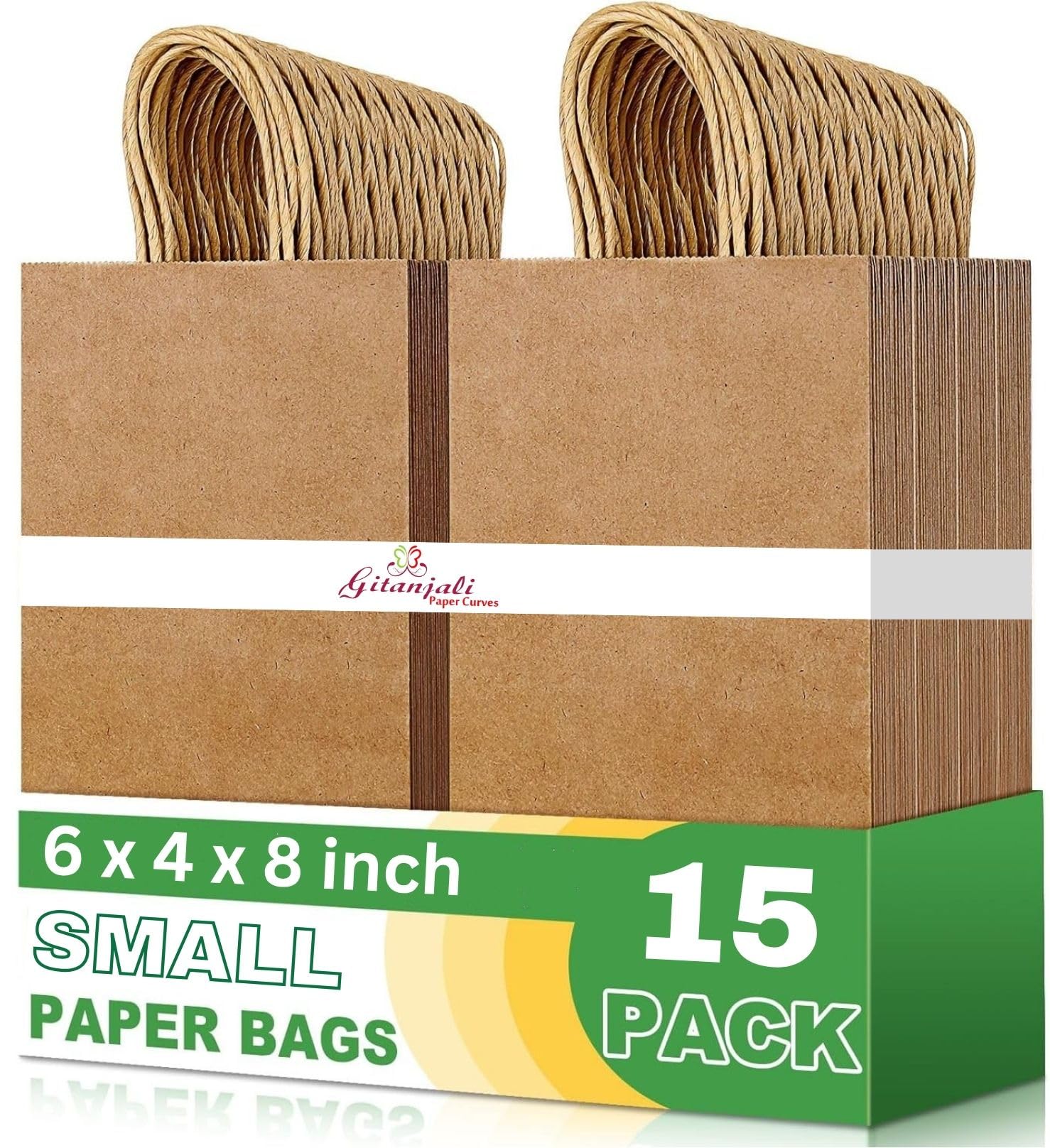 Gitanjali Paper Curves® - Paper Gift Bags 6"x8"x4"(Brown) 15pcs -Small Party Favor Goodie bag, Craft Paper Return Gift Bags - Disposable Recycled Kraft Paper Covers (6x8x4 in Brown, 15 pack)