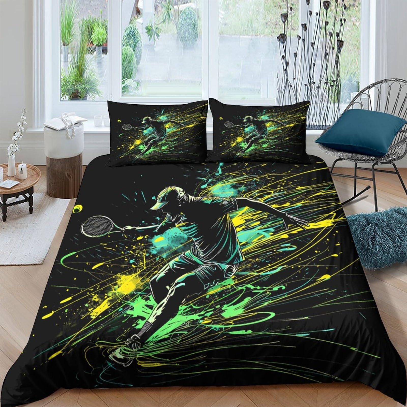 TUFRTGYHN 3D Printed Tennis Player Duvet Cover Microfiber Soft Breathable Neon Splash Bedding Set with 2 Pillowcases for Bedroom Decor Single（135x200cm）
