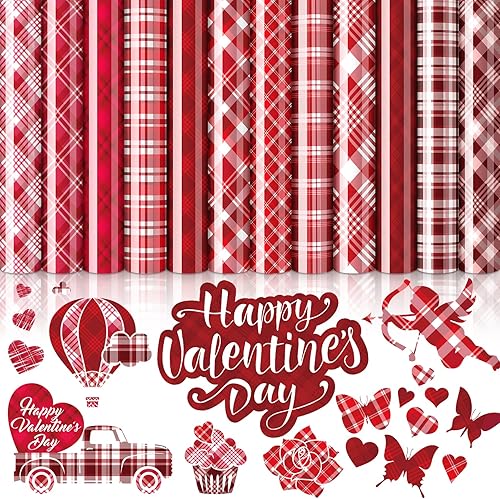 Whaline 12 hojas de vinilo de transferencia de calor para el día de San Valentín, cuadros rojos, HTV a cuadros, rojo rosa, estampado a cuadros,