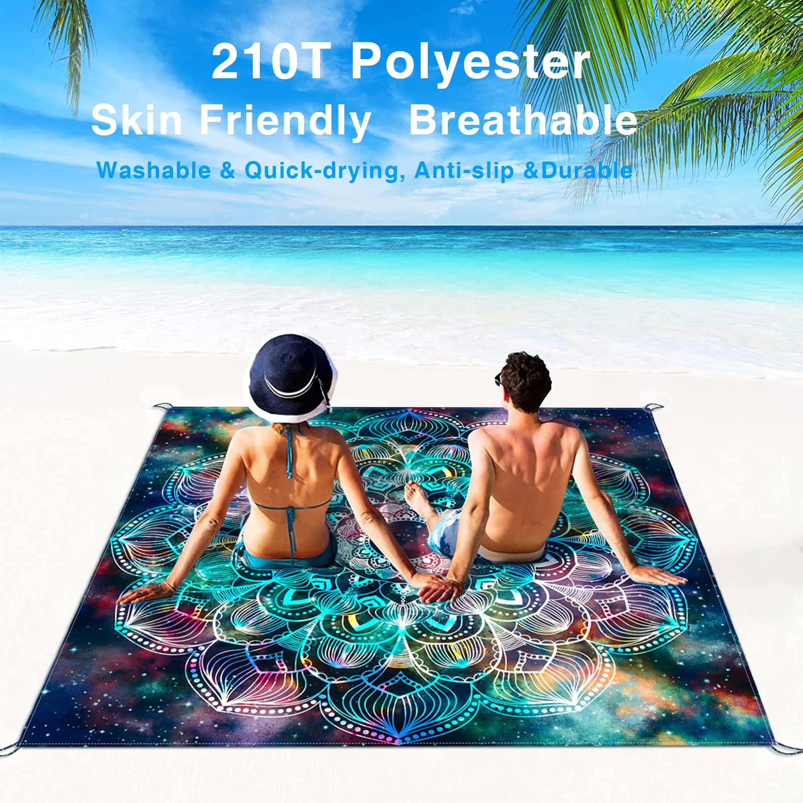Koc plażowy, wodoodporna piaskowa mata plażowa, ponadwymiarowa 180 x 213 cm dla 4–6 dorosłych, lekki koc piknikowy, przenośna mata piknikowa do podróży na świeżym powietrzu, na kemping, wędrówki z 4 słupkami i 4 kieszeniami narożnymi
