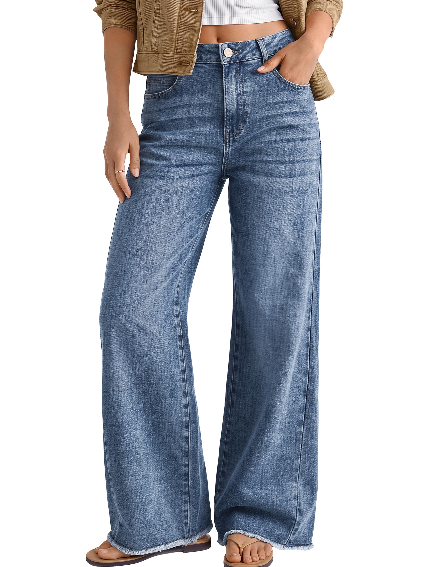 Women's Wide Leg Jeans, Relaxed Loose with Raw Hem Pants