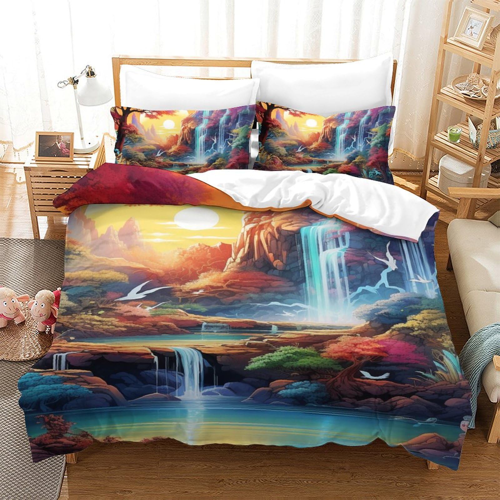 Housse de couette 140x200 Pays des Merveilles avec 2 taies d'oreiller pour lit single