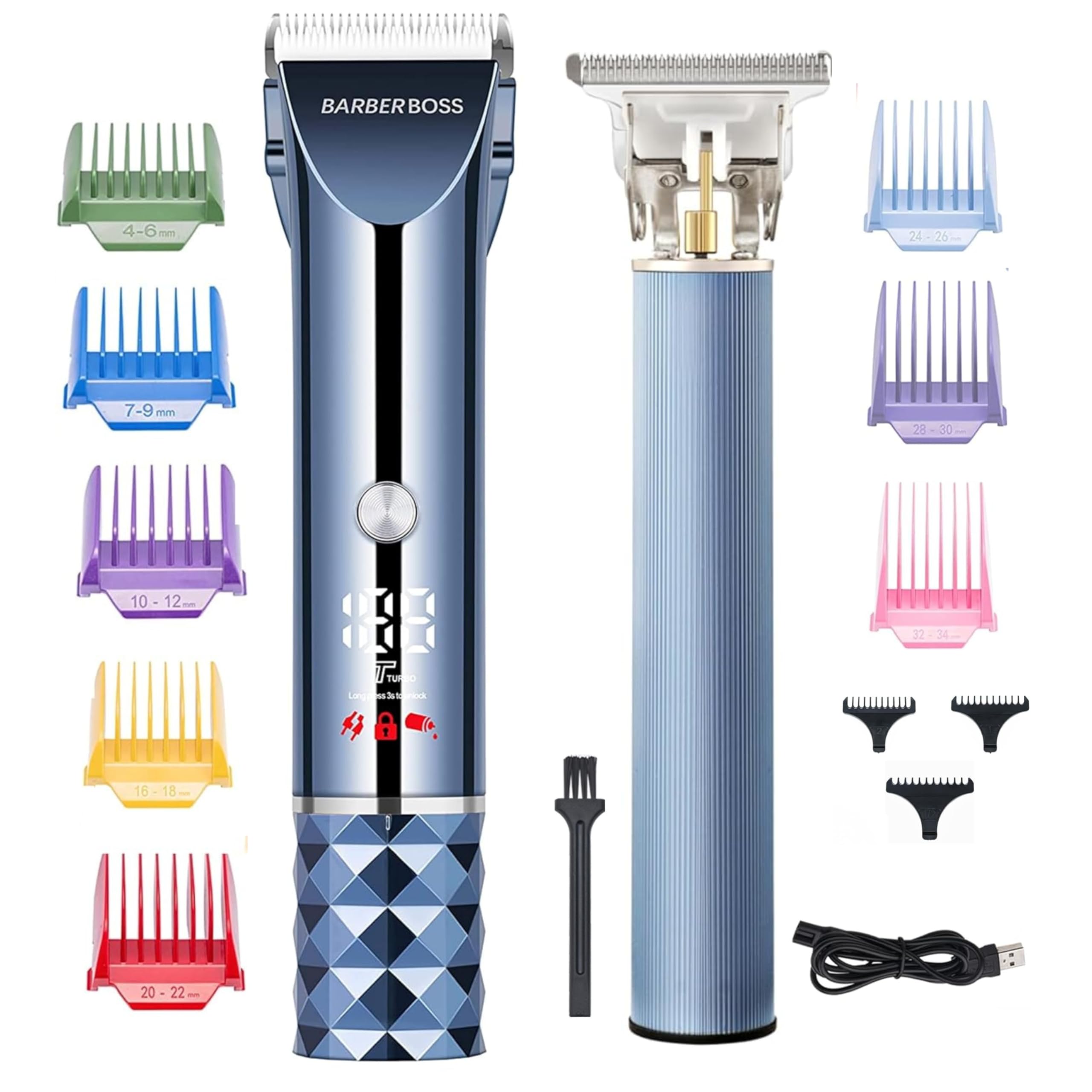 BarberBoss Regolabarba e capelli da uomo, Turbo Speed Groomer con display a LED, lama regolabile, 8 pettini guida e kit tagliacapelli ricaricabile USB e senza fili
