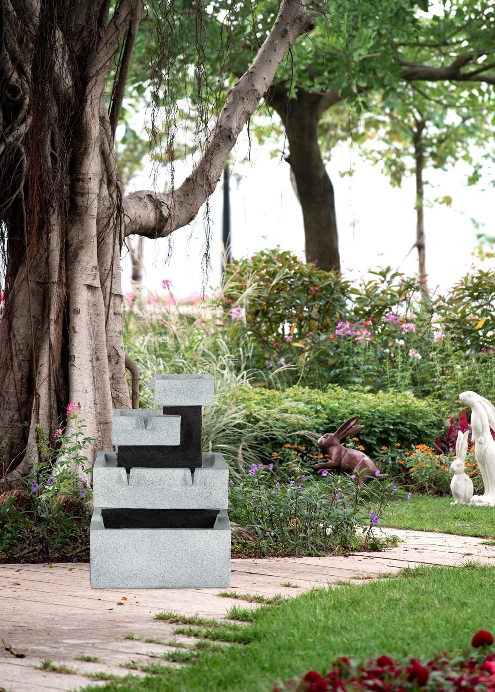 A&B Home 4 Tier Gray and Black Block Modern Water Fountain with Light and Pump, Unique Decorative Fountain Indoor Outdoor for House Office Table Garden Patio Yard Entryway