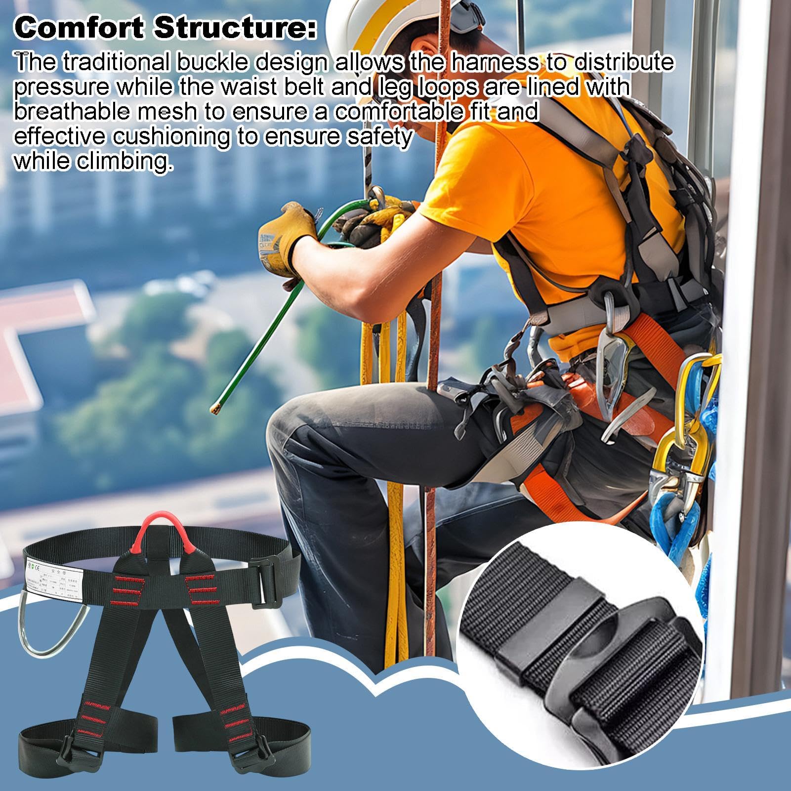 Arnés de escalada para tejados, Arnés para tejados de medio cuerpo - Cinturones de seguridad de cintura ajustables para escalada en roca - Carga de rodamiento de 300 kg, equipo de escalada