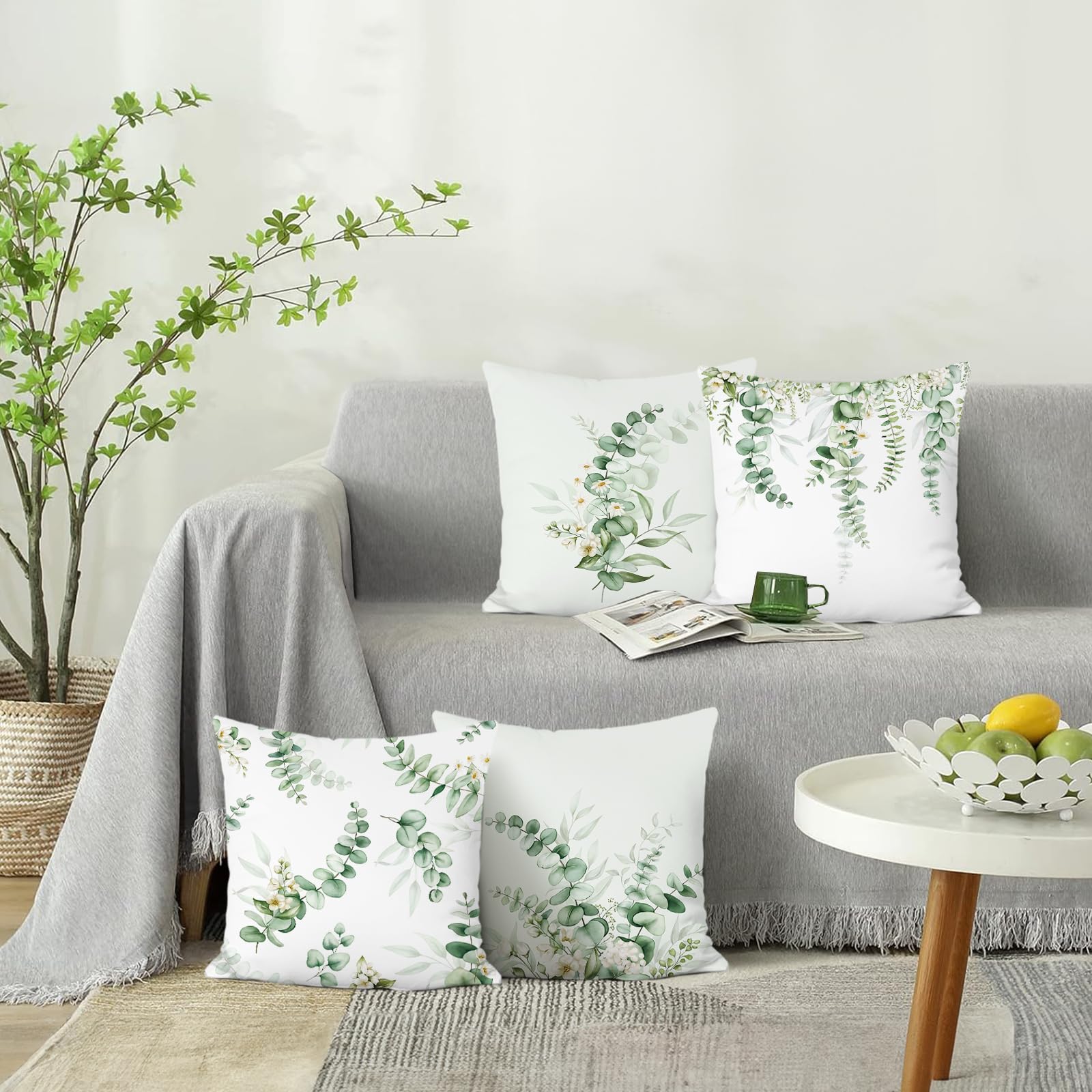 Bonhause Eucalyptus Leaves Cushion Covers 45 x 45 cm Sage Green Leaf Flower Decorative Throw Pillow Covers for Sofa Couch Bed Home Spring Garden Patio Decor Set of 4 - Image 2