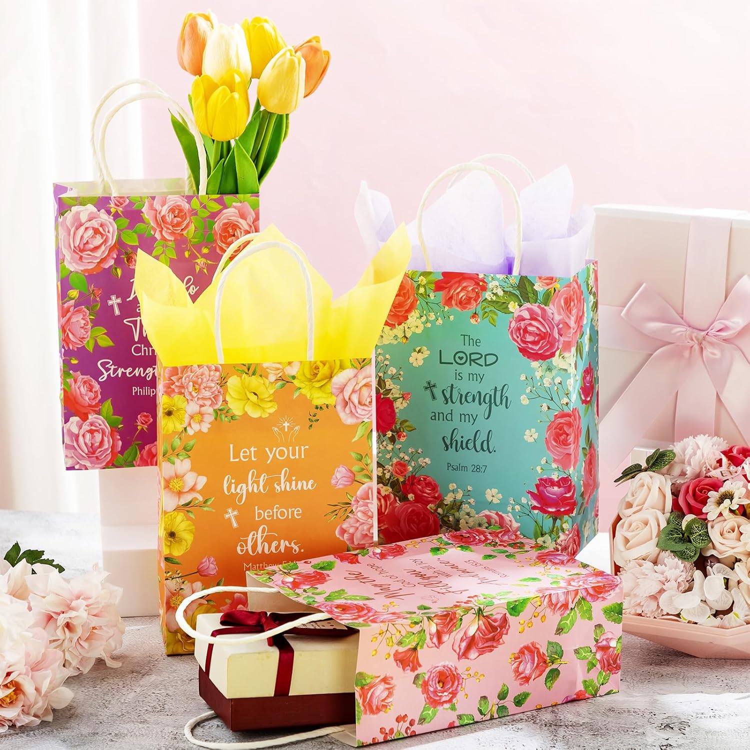 Kolldenn 100 Pcs Christian Gift Bags for Women Bulk Inspirational Gift Bags with Tissue Paper and Handles for Mom Grandma Wife Mother's Day Church Wedding Present Wrapping Supplies (Elegant Style)