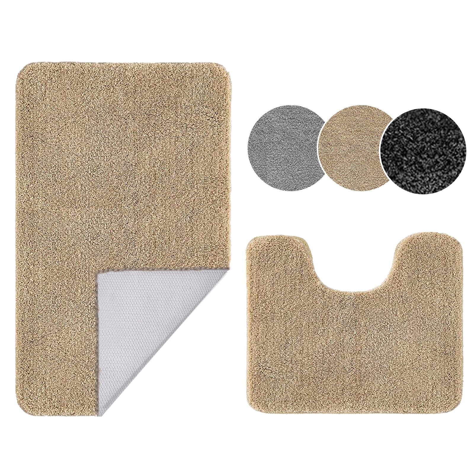 Ceneco Bath Mat Set,Washable Bathroom Mat Sets 2 Piece - Non Slip Bath Mats & Water Absorbent Toilet Mats, Beige Microfiber Bathroom Rug, Thick Fluffy Toilet Pedestal Set(Beige,U40×50cm+50×80cm)