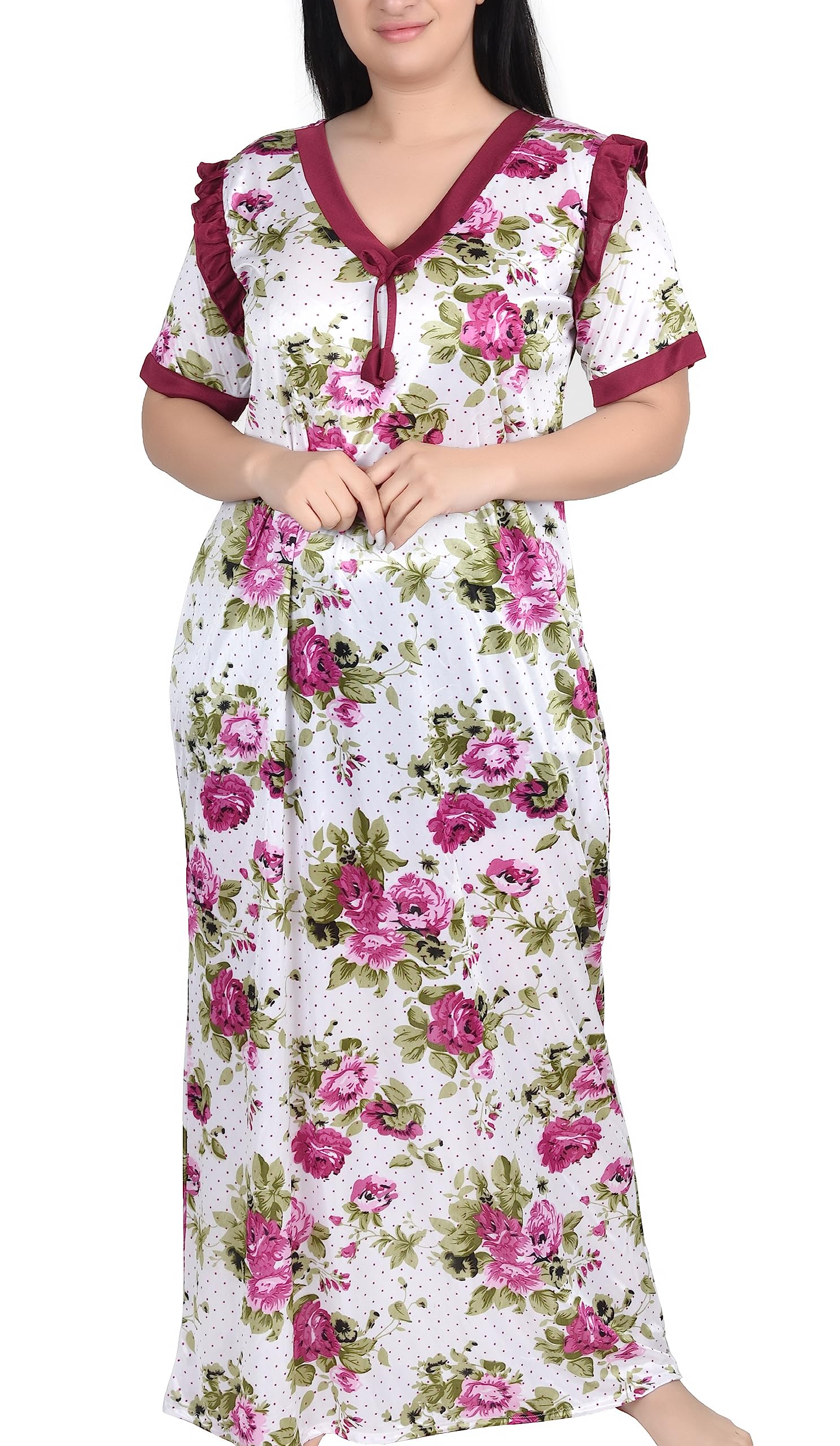 Women Flower Print Sexy Nighty for Honeymoon and Sleeping/Printed Satin Comfortable Nighty Set-image-31
