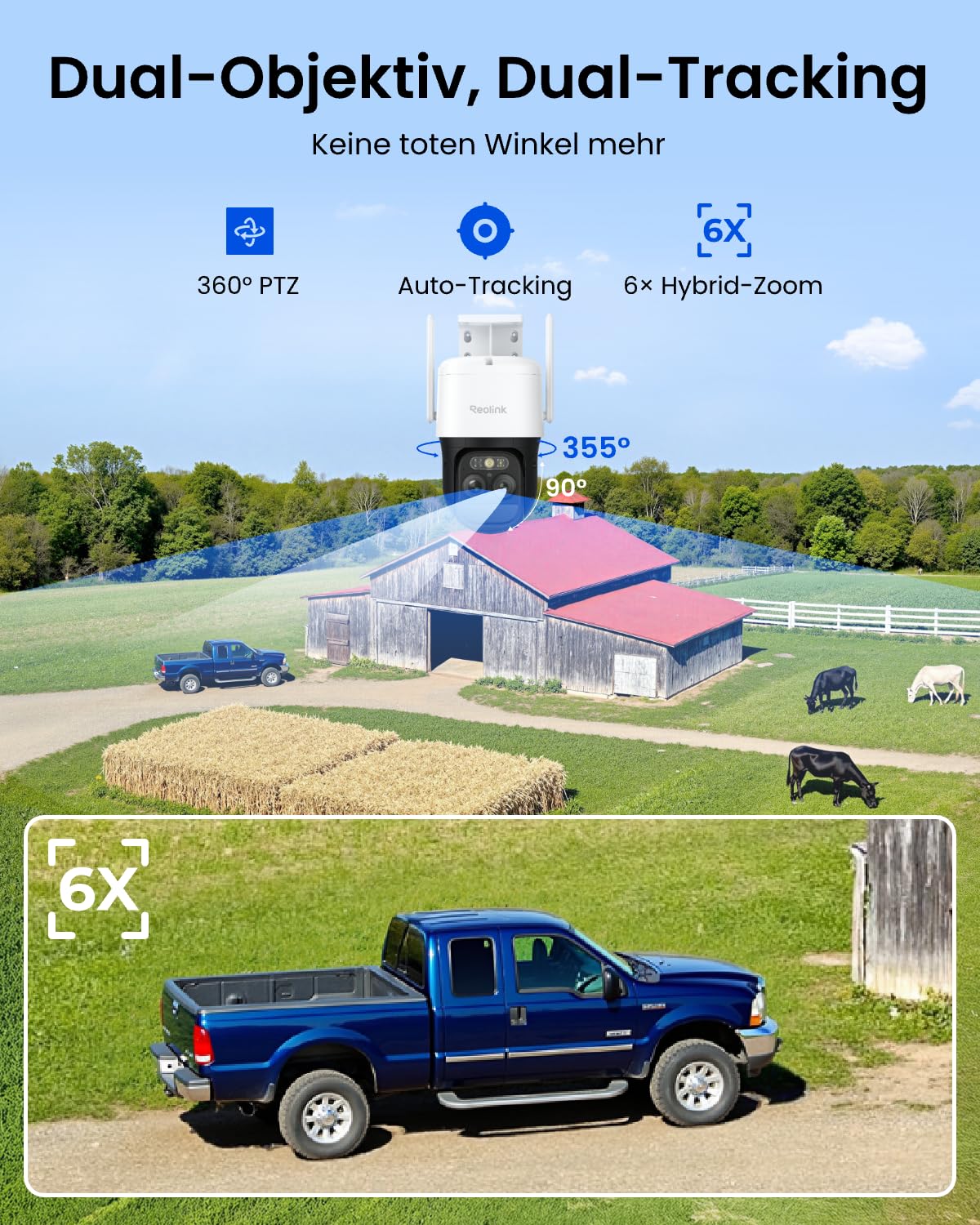 Reolink 4G LTE Überwachungskamera Akku mit SIM Karte, Lokaler Speicher, 2K | 24/7-Aufzeichnung, Kamera Outdoor mit 30W Solarpanel, ColorX Nachtsicht, KI Erkennung, TrackMix LTE Plus 2 + Solarpanel Plus