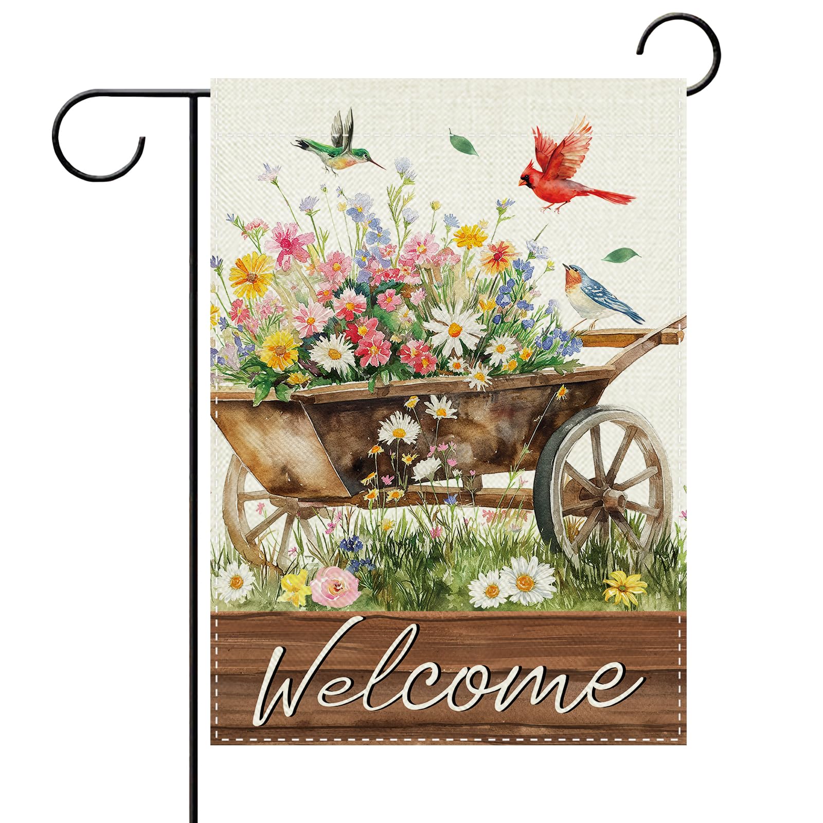 Bandera de jardín de arpillera pequeña con carro de flores y pájaros para terraza